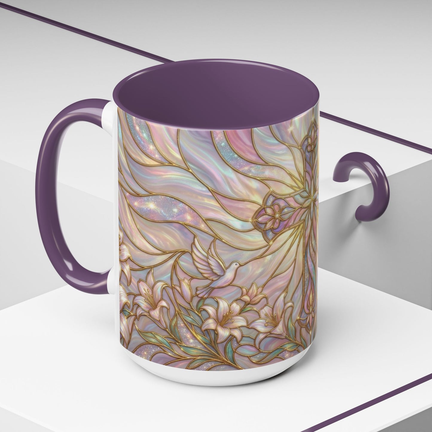 Stained Glass Cross Mug, Easter Lily Coffee Cup, Christian Gift for Women, Pastel Religious Drinkware, Dove and Faith Cup, Spiritual