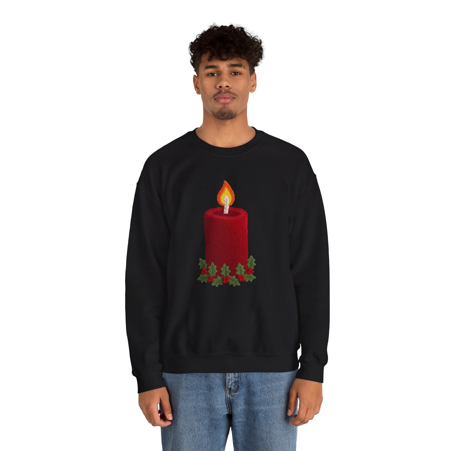 Faux Patchwork Crochet Candle Sweatshirt, Christmas Candle Sweater, Holiday Cozy Winter Crewneck, Cute Xmas Candle Sweatshirt, Unisex Holiday Top