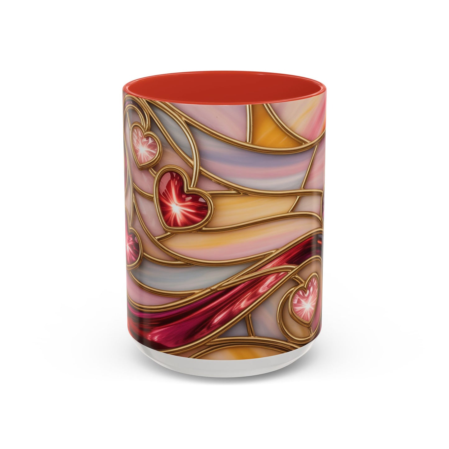 Stained Glass Heart Mug, Romantic Love Coffee Cup, Pink Red Gold Glass Style Mug, Valentine Gift For Her, Anniversary Wedding Decor