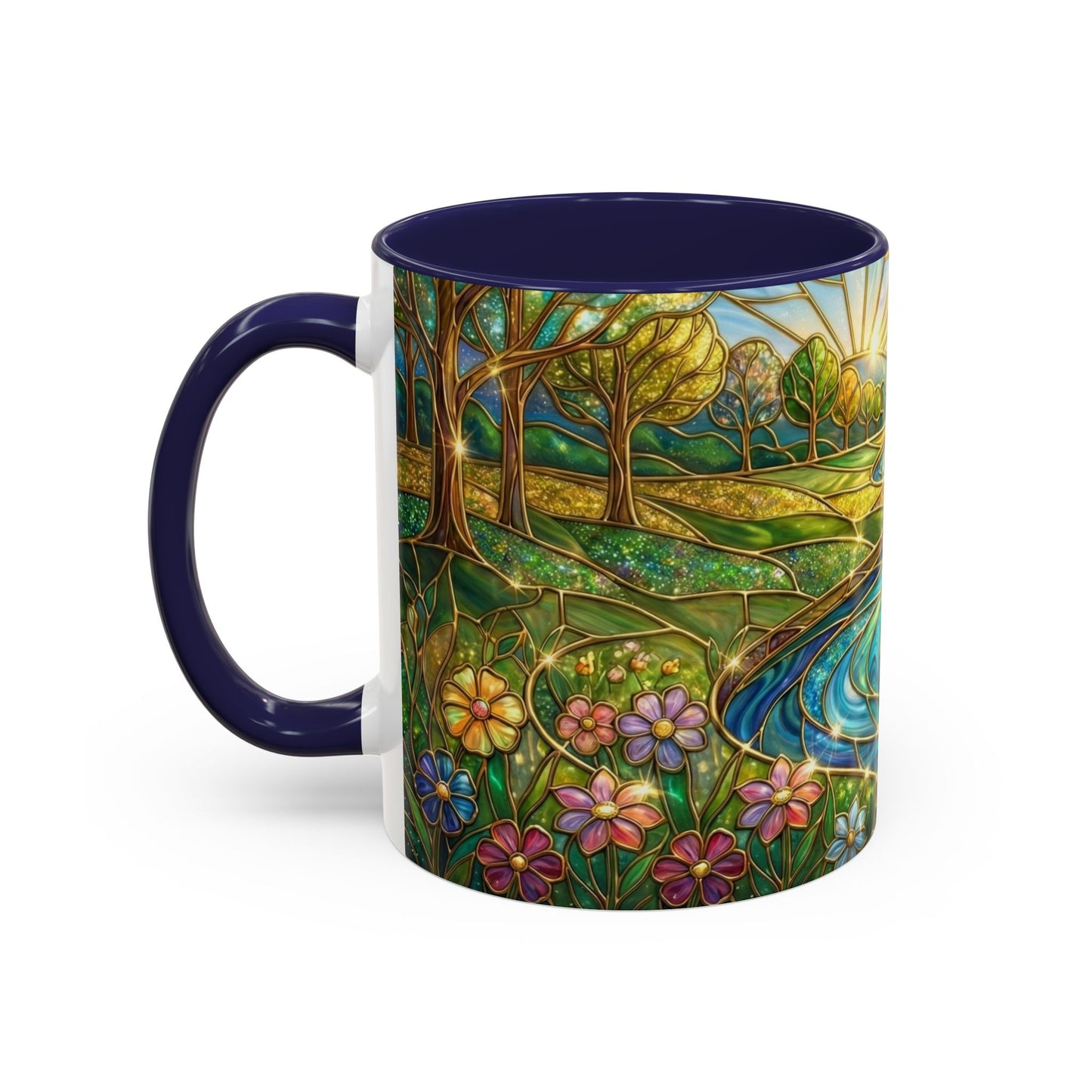 Stained Glass Mug, River Landscape Coffee Cup, Nature Lover Gift, Floral Tea Mug, Gardener Present, Art Teacher Gift, Colorful Scenery Cup