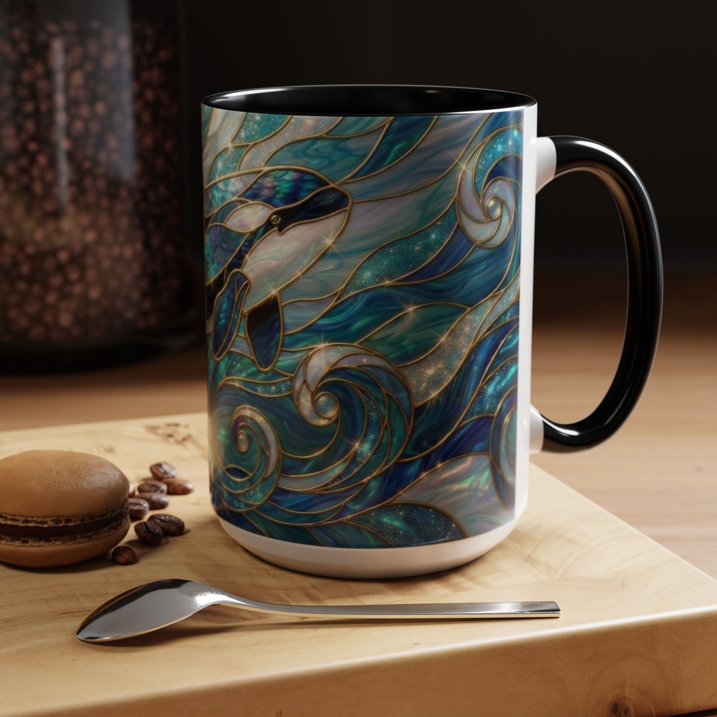 Orca Whale Coffee Mug, Ocean Art Mug, Stained Glass Whale Design, Marine Life Gift, Ceramic Coffee Cup, 11oz 15oz Waves Mug, Coastal Decor