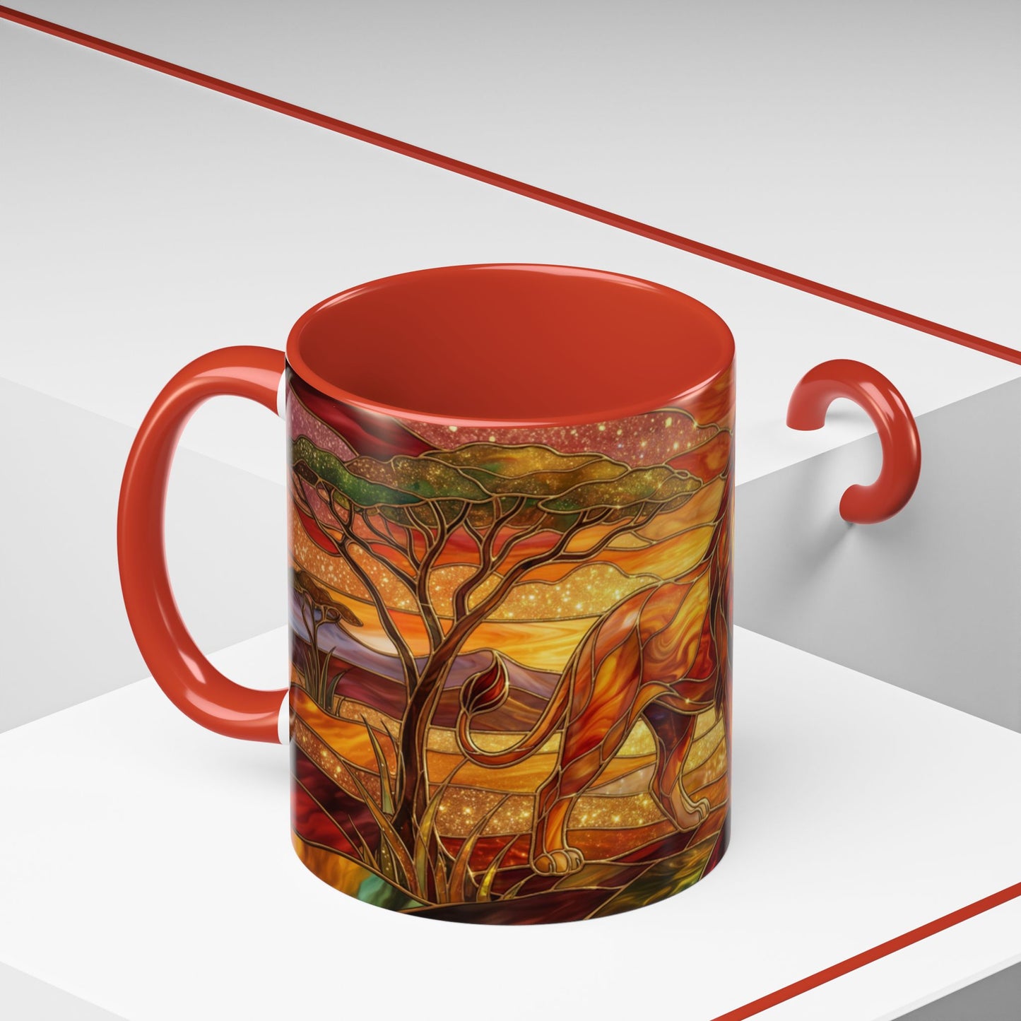 Stained Glass Lion Mug, Majestic Lion Coffee Cup, African Sunset Art Mug, Safari Wildlife Gift, Colorful Lion Lover Ceramic Mug