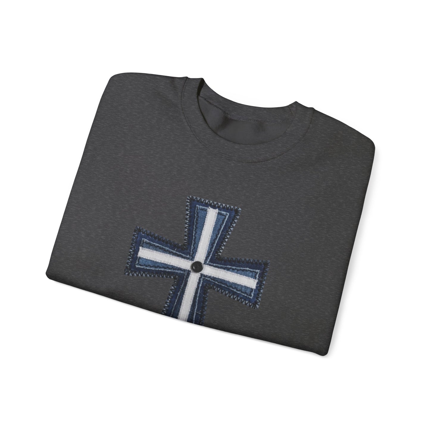 Faux Patchwork Cross Sweatshirt, Christian Patchwork Style Crewneck, Faith Gift for Women Men, Rustic Cross Sweatshirt, Religious Xmas Gift