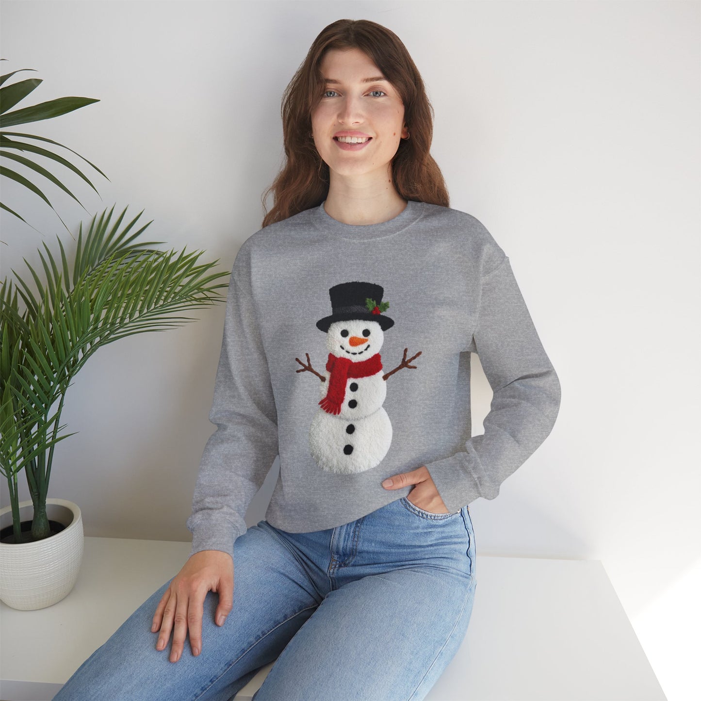 Faux Patchwork Crochet Snowman Sweatshirt, Winter Snowman Crewneck, Cozy Holiday Sweater, Christmas Sweatshirt, Festive Winter Shirt, unisex gift