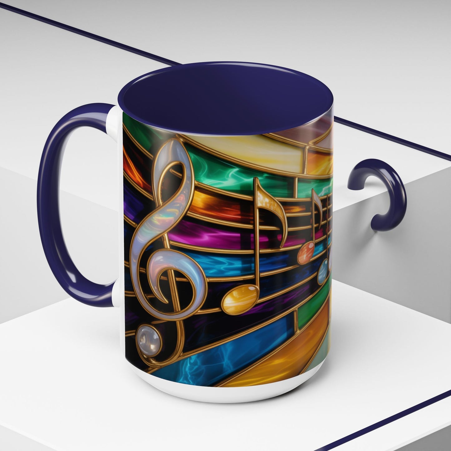 Stained glass music mug, musical notes coffee cup, colorful musician gift mug, music lover present, treble clef art mug, music teacher gift