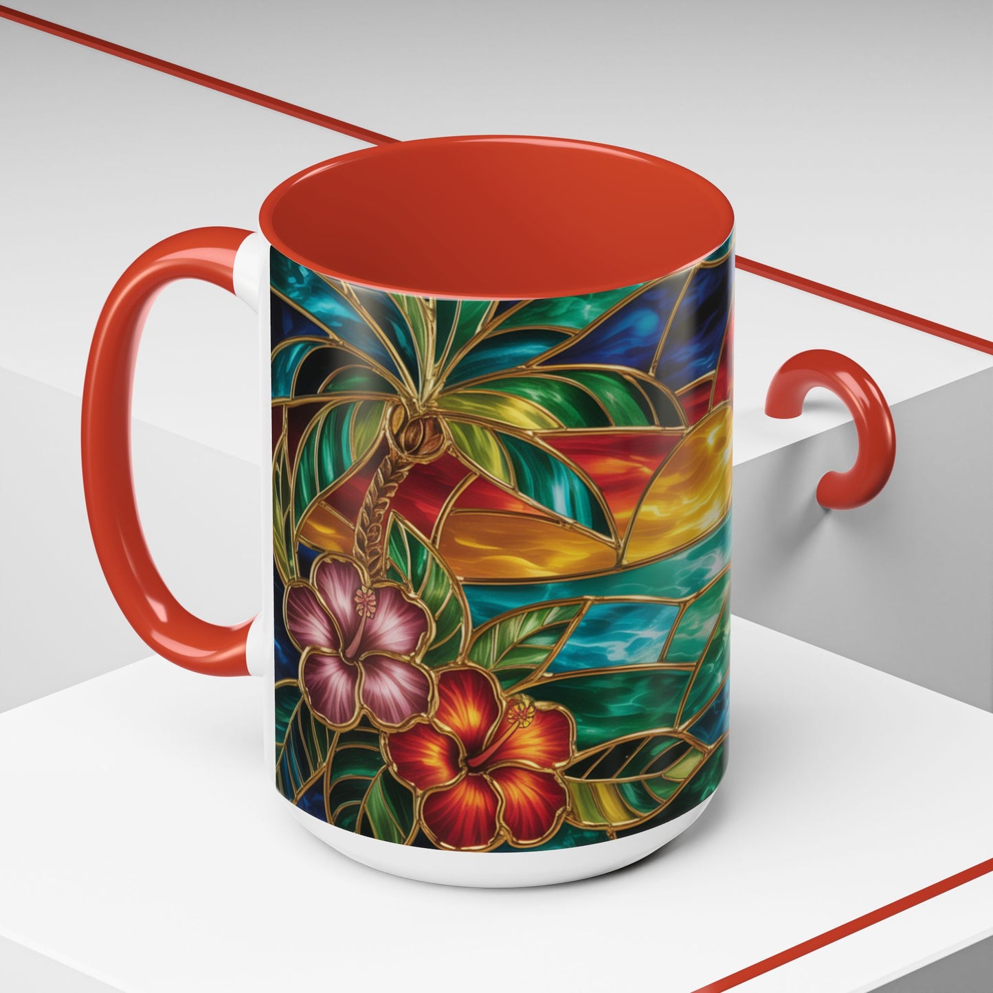 Stained Glass Tropical Sunset Mug, Hibiscus Flower Coffee Cup, Beach Lover Gift, Colorful Palm Tree Mug, Coastal Art Drinkware, Summer Cup