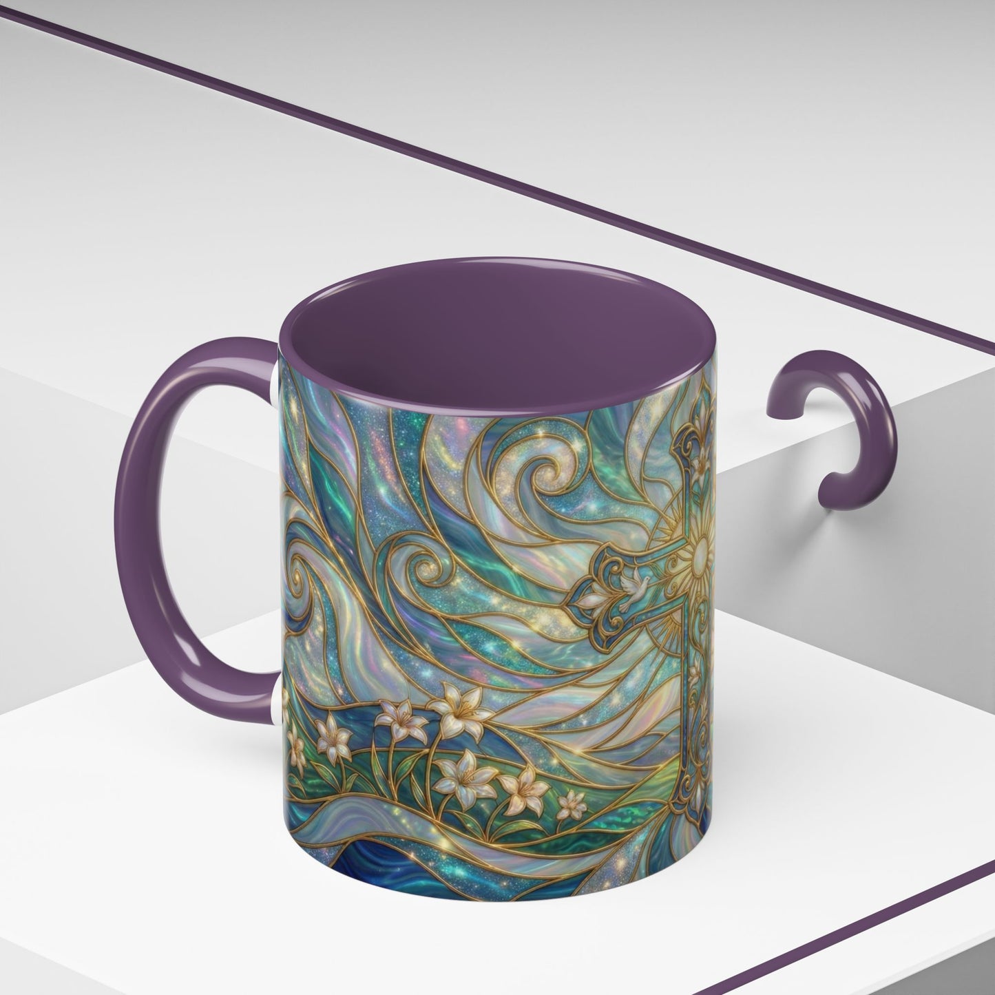Stained Glass Cross Mug, Christian Coffee Cup, Religious Easter Gift, Celestial Faith Mug, Spiritual Sunrise Cup, Dove Lily Print Mug