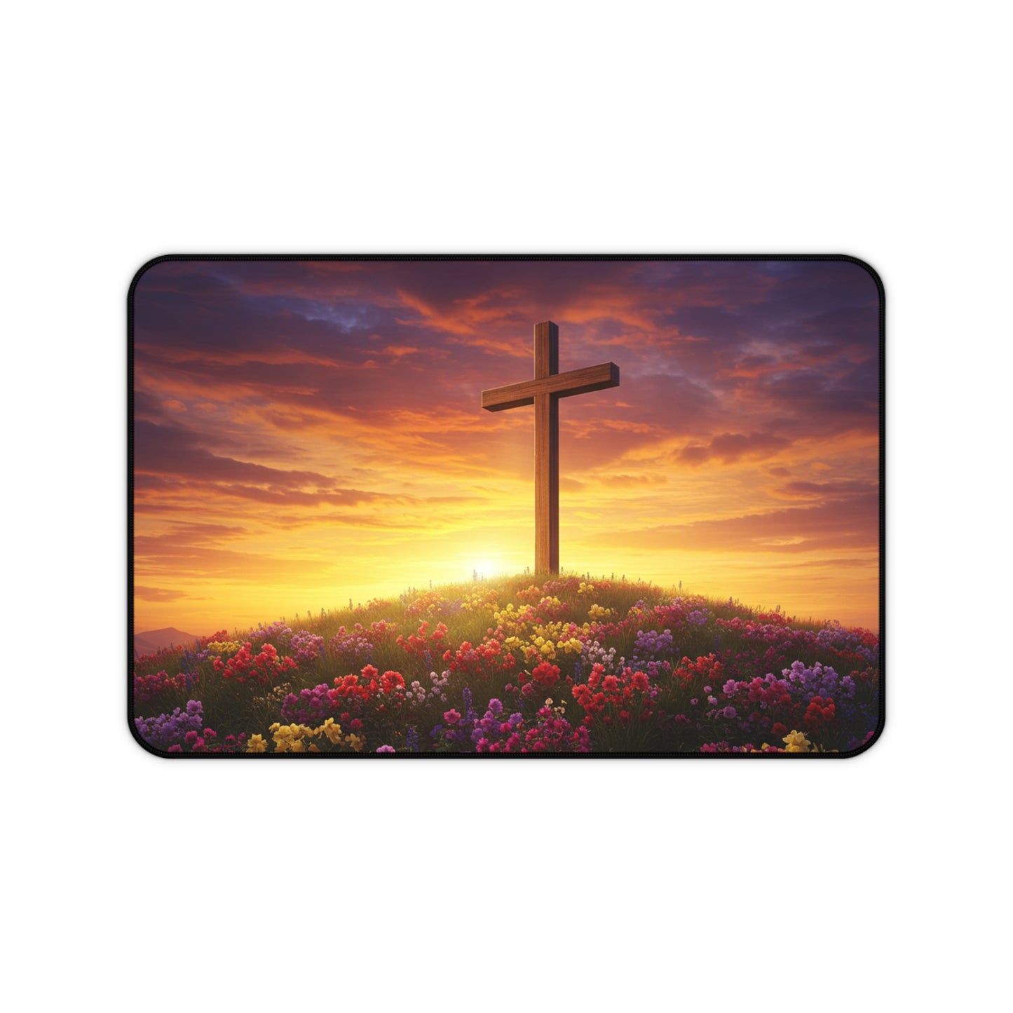Desk Mat - Cross on a Hill DaVinci Style Christian Mouse Pad Religious Decor Spiritual Desk Mat Gift for Believers