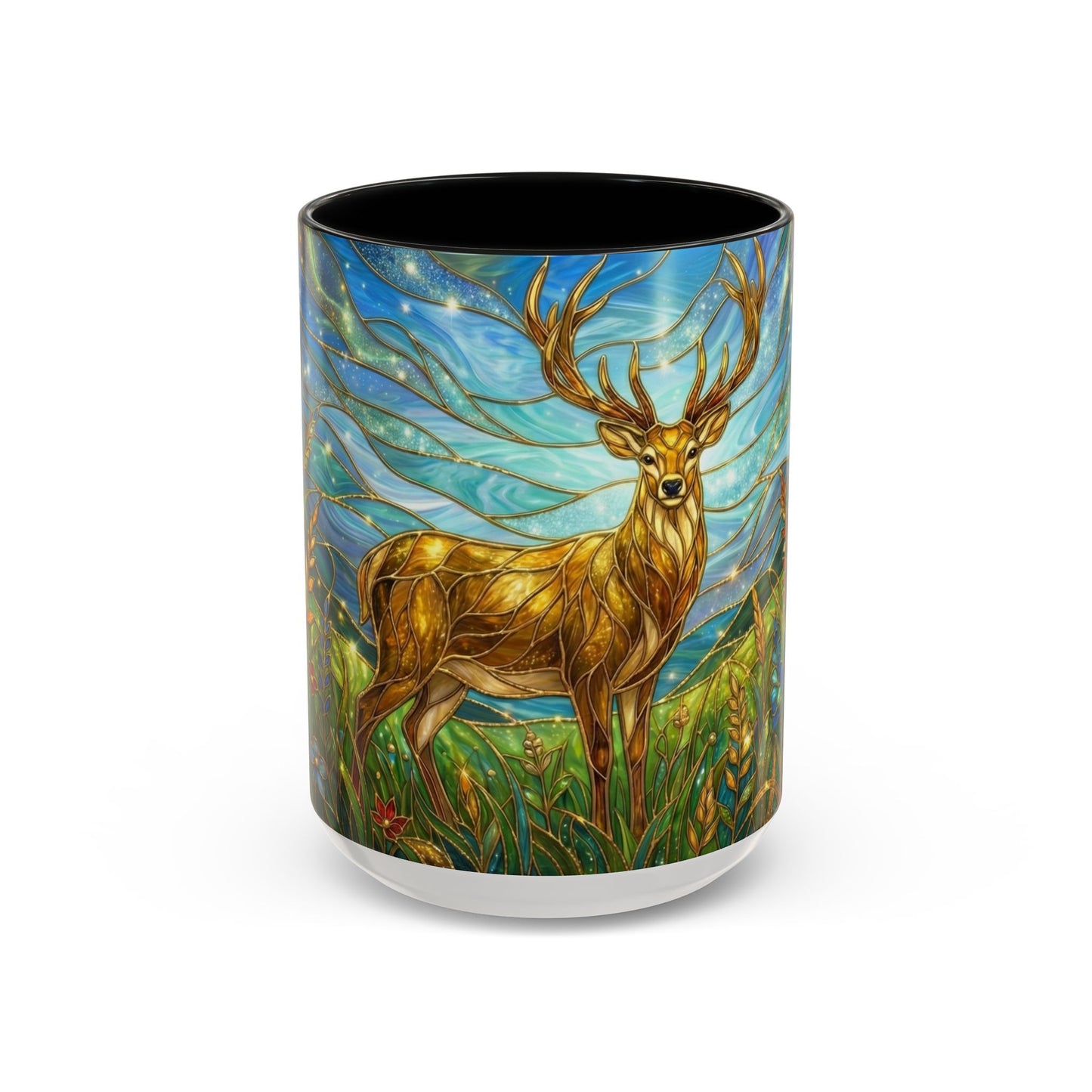 Stained Glass Deer Mug, Woodland Art Coffee Cup, Nature Forest Mug, Blue Green Gold Glass Style Mug, Gift For Nature Lovers Decor