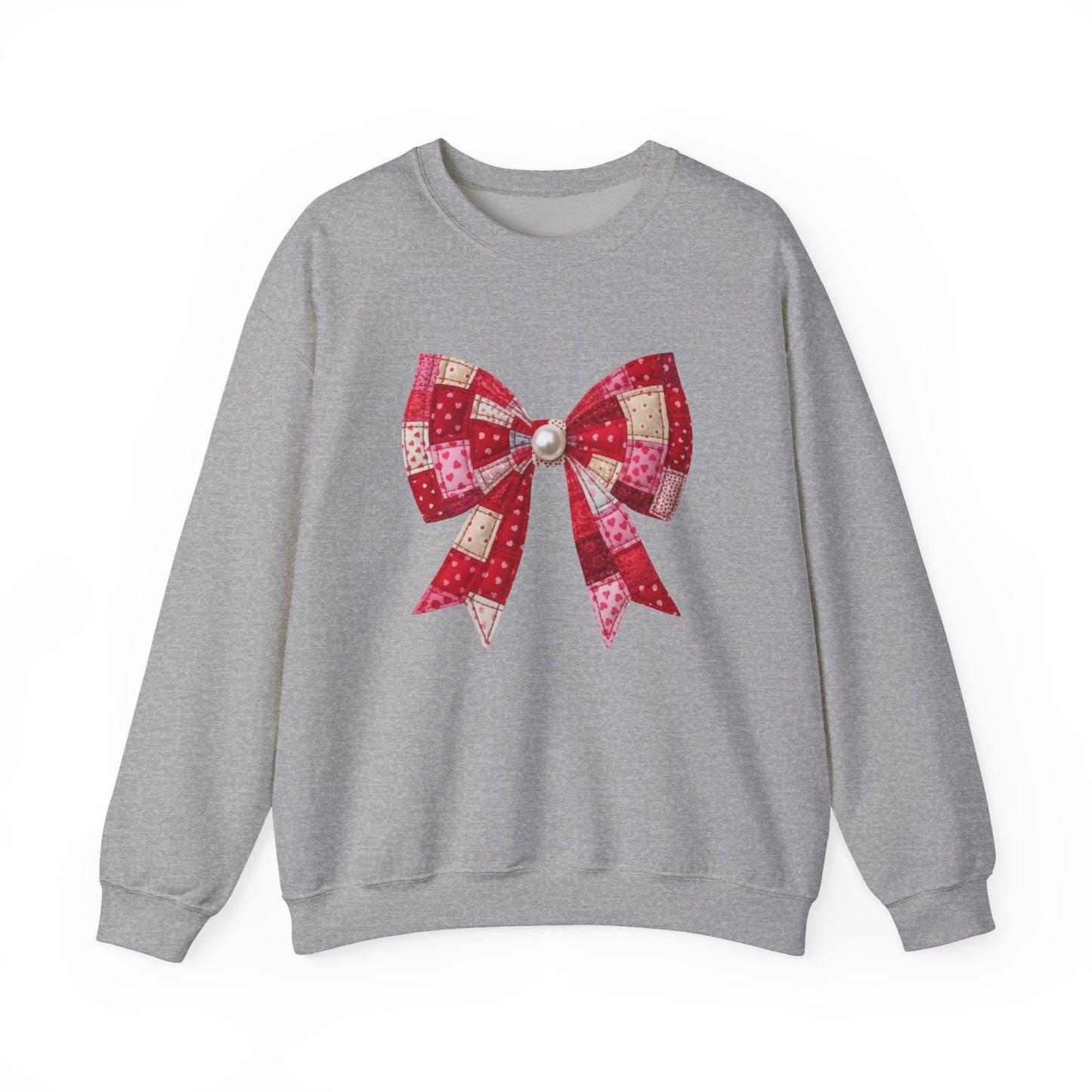 Faux Patchwork Bow Sweatshirt, Quilted Look Bow Crewneck, Pearl Center Bow Pullover, Cozy Coquette Sweatshirt, Girly Gift