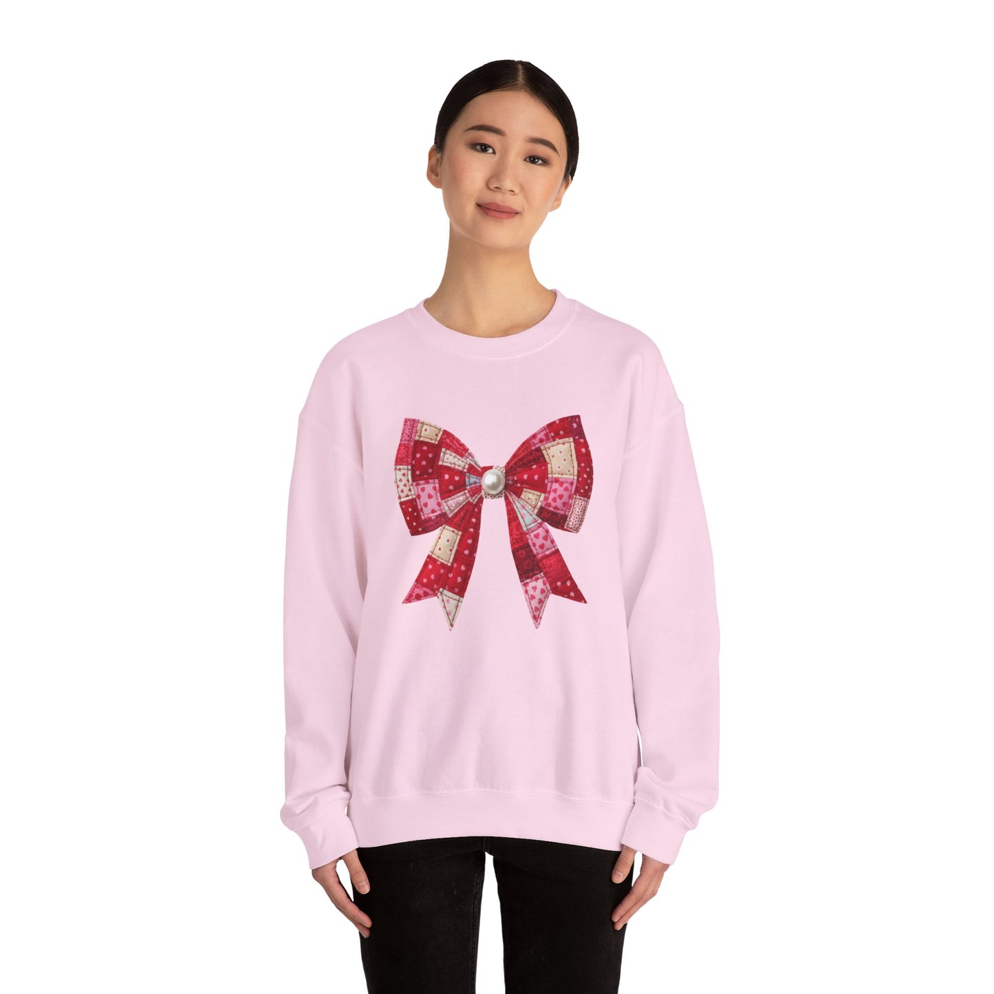 Faux Patchwork Bow Sweatshirt, Quilted Look Bow Crewneck, Pearl Center Bow Pullover, Cozy Coquette Sweatshirt, Girly Gift