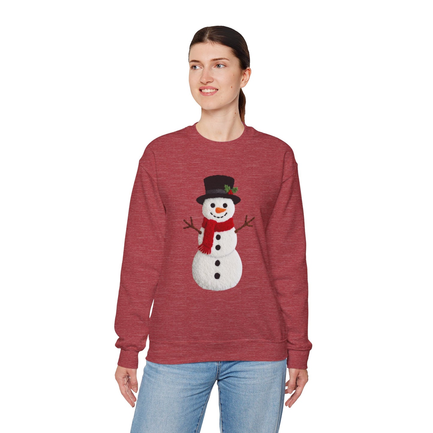 Faux Patchwork Crochet Snowman Sweatshirt, Winter Snowman Crewneck, Cozy Holiday Sweater, Christmas Sweatshirt, Festive Winter Shirt, unisex gift