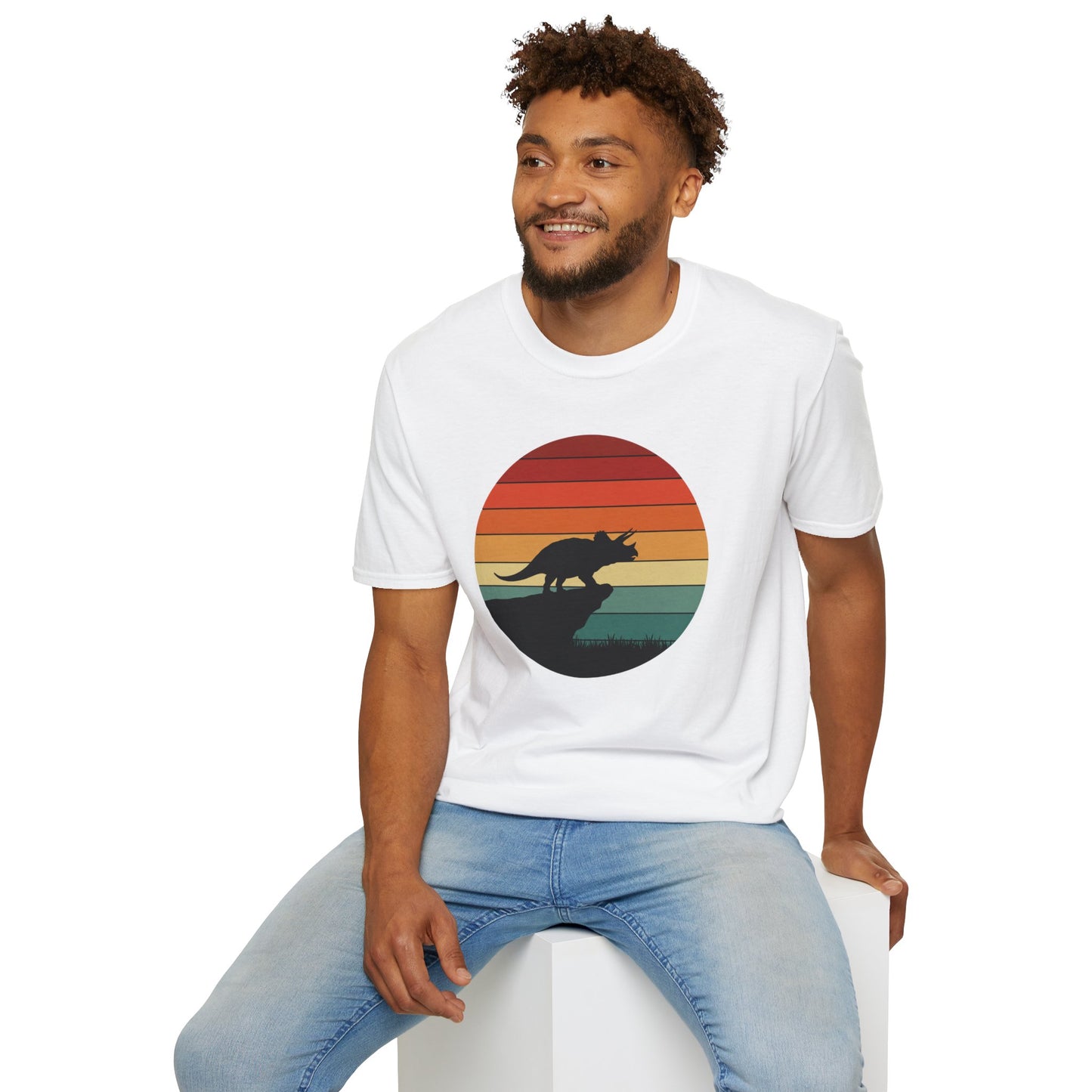 Retro Triceratops Sunset T-Shirt - Vintage Dino Graphic Tee - Unisex Softstyle Dinosaur Shirt - Nature and Prehistoric Lover Gift