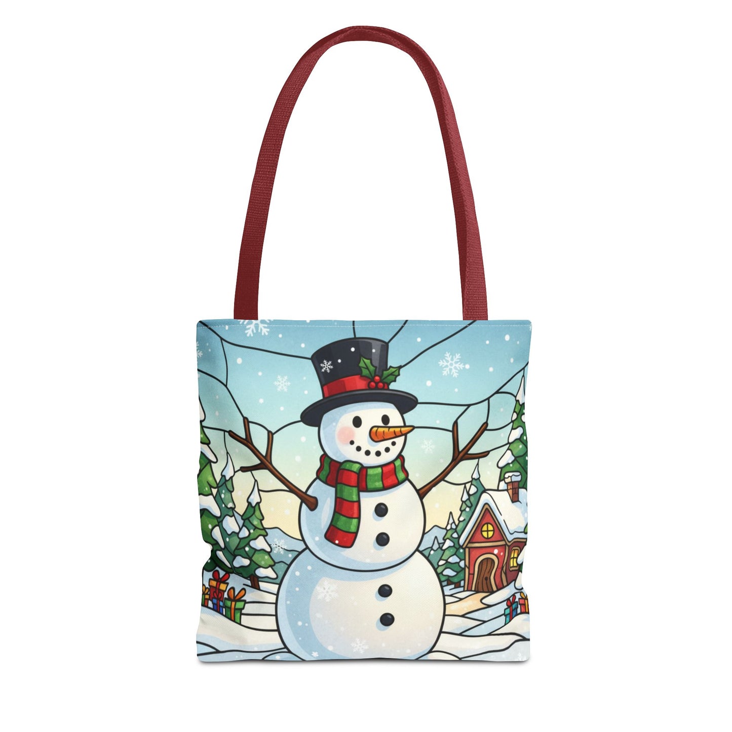 Stained Glass Snowman Christmas Tote Bag, Holiday Art Tote, Festive Winter Gift Bag, Colorful Christmas Scene Reusable Shopping Bag