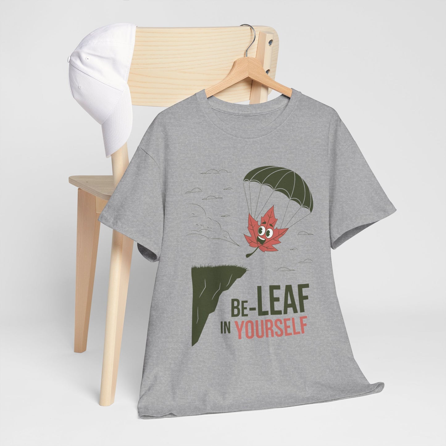 Be-Leaf In Yourself Maple Leaf Parachute T-Shirt | Funny Motivational Nature Graphic Tee | Self-Love Fall Autumn Shirt | Outdoorsy Gift