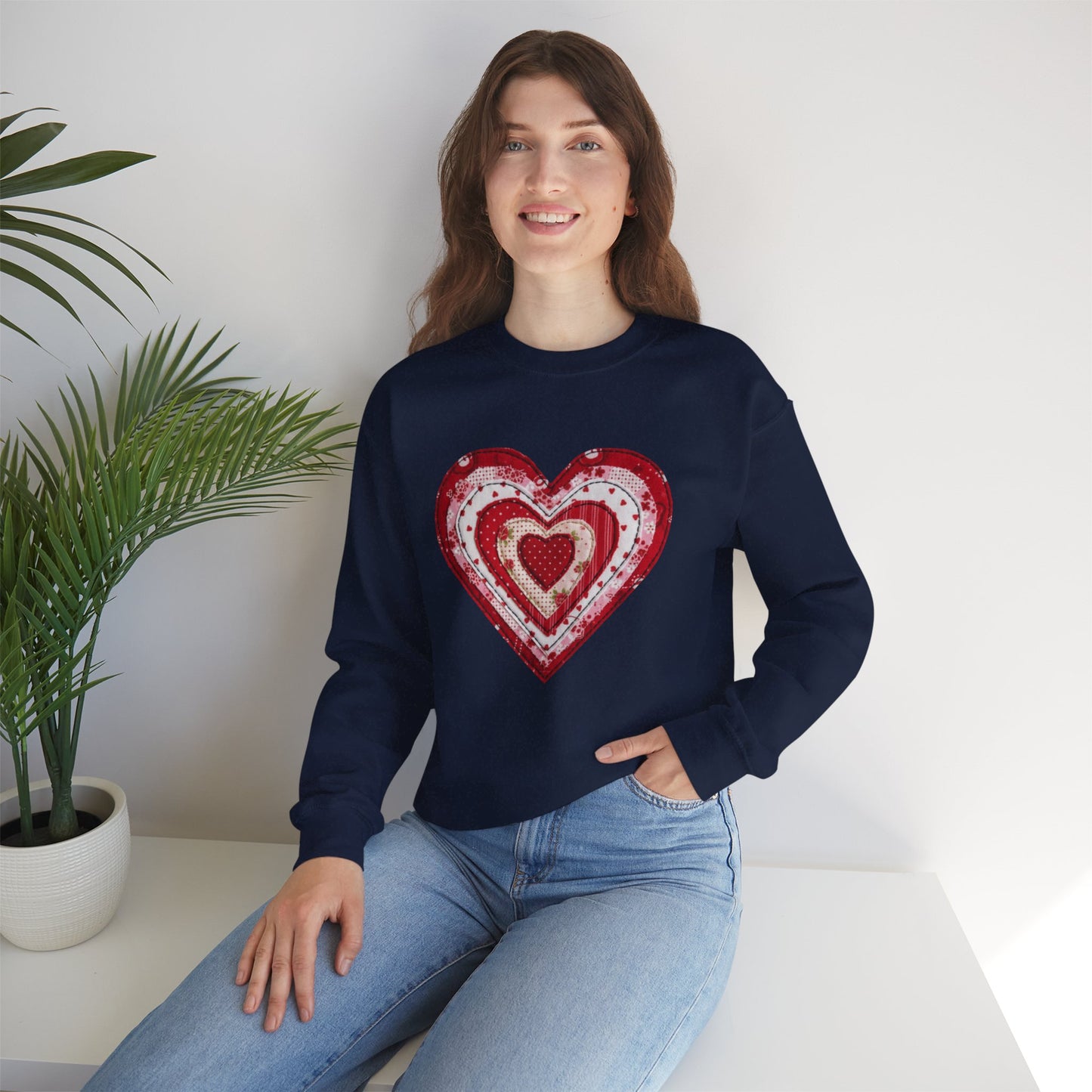 Faux Patchwork Heart Sweatshirt, Valentine Heart Shirt, Cute Valentine Gift, Retro Patchwork Crewneck, Cozy Love Sweater, Boho Heart Top