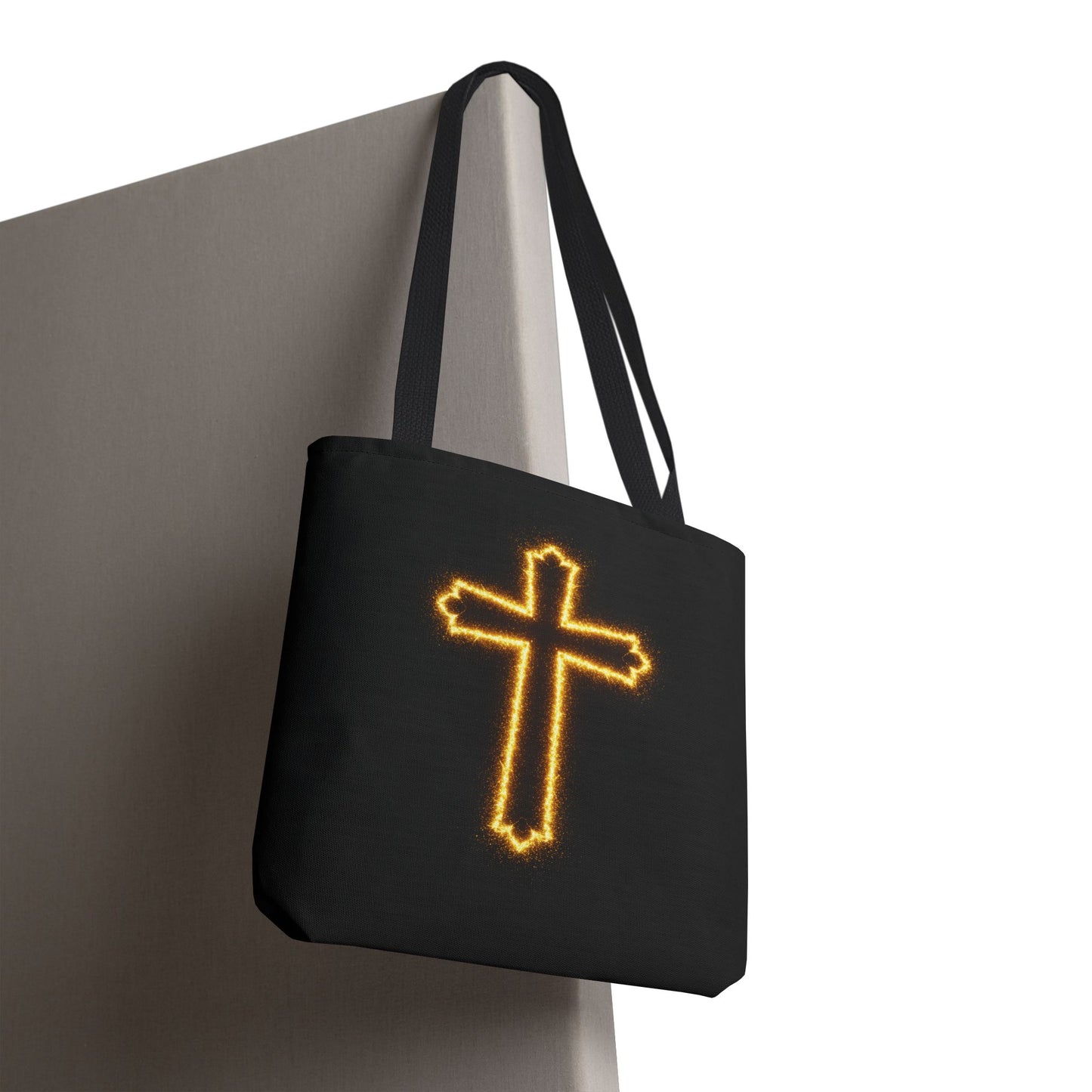 Christian Cross Tote Bag | Glowing Light Faith Bag | Inspirational Religious Gift | Black Canvas Tote | Spiritual Reusable Shopper