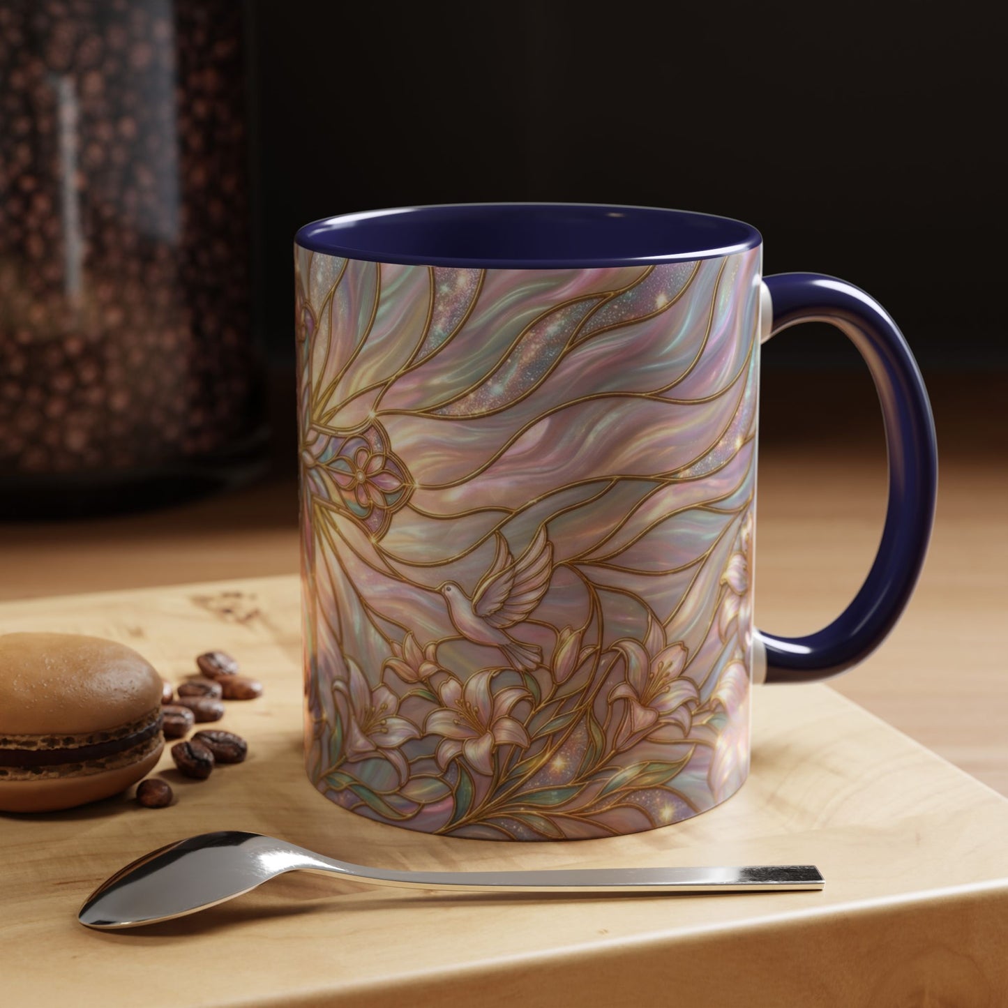Stained Glass Cross Mug, Easter Lily Coffee Cup, Christian Gift for Women, Pastel Religious Drinkware, Dove and Faith Cup, Spiritual