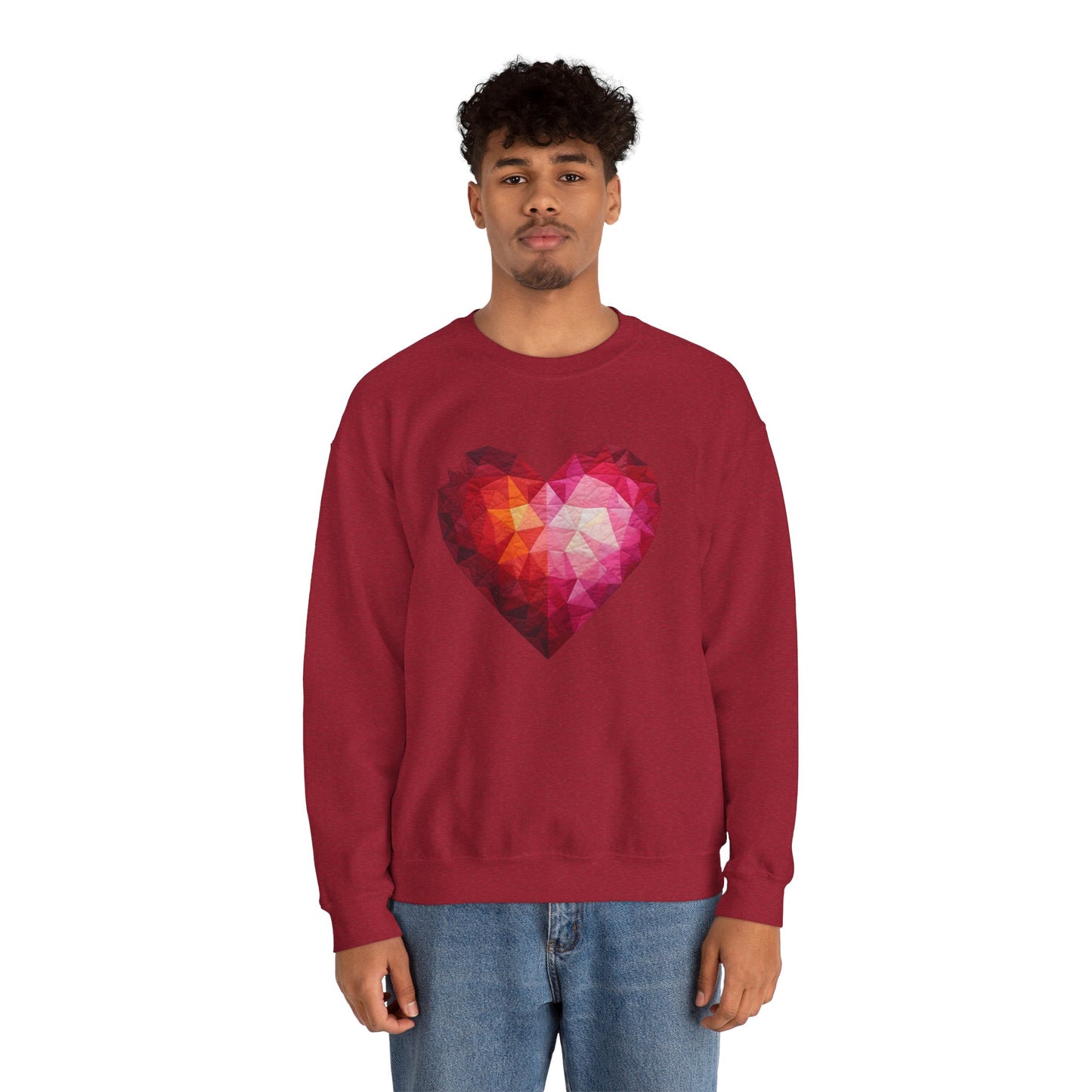 Faux Patchwork Heart Sweatshirt, Geometric Heart Sweater, Cute Valentines Sweatshirt, Cozy Pink Heart Crewneck, Winter Heart Pullover