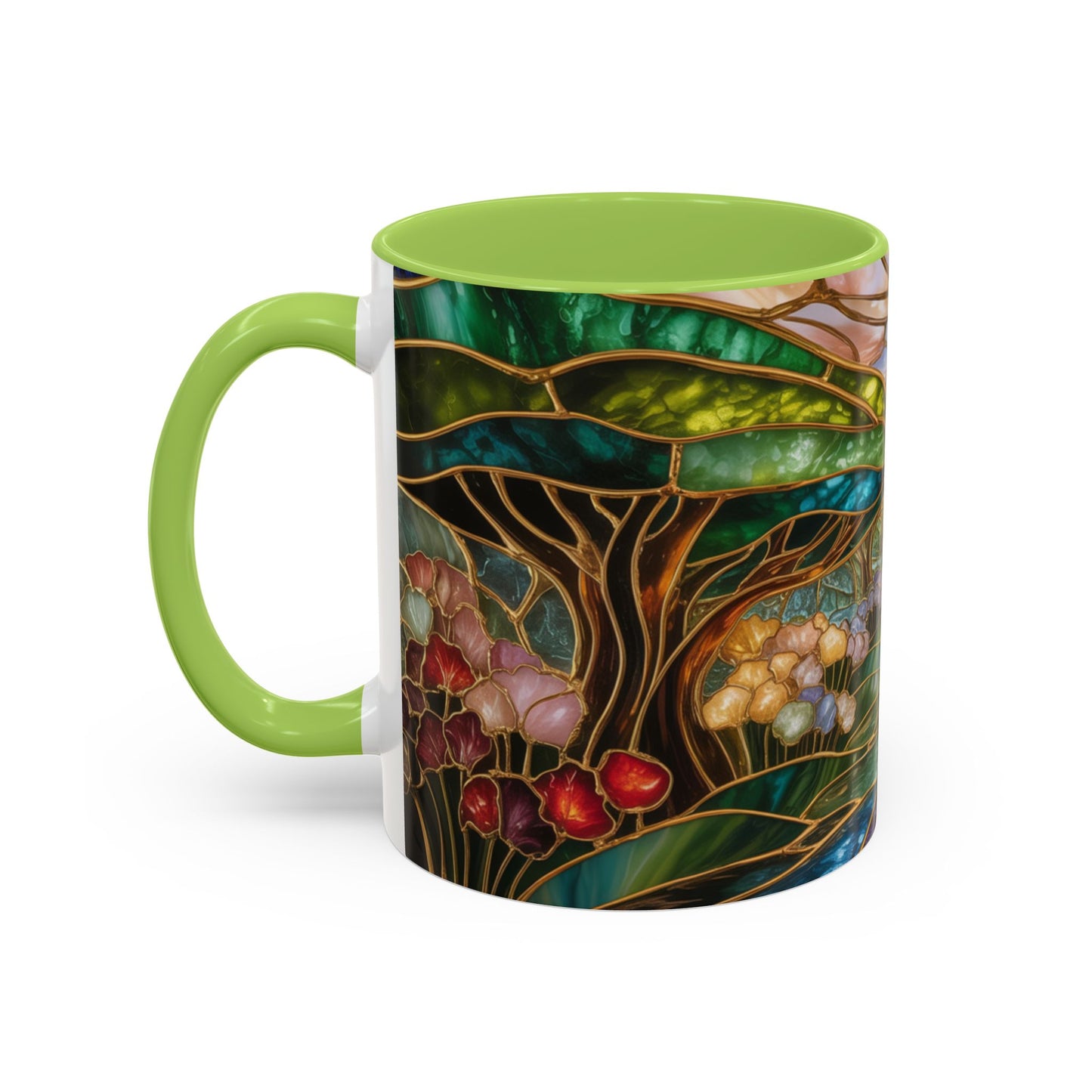 Stained Glass Woodland Forest Mug, Tree & Flowers Coffee Cup, Nature Lover Gift, Artistic Woodland Art Mug, Rustic Home Decor Mug