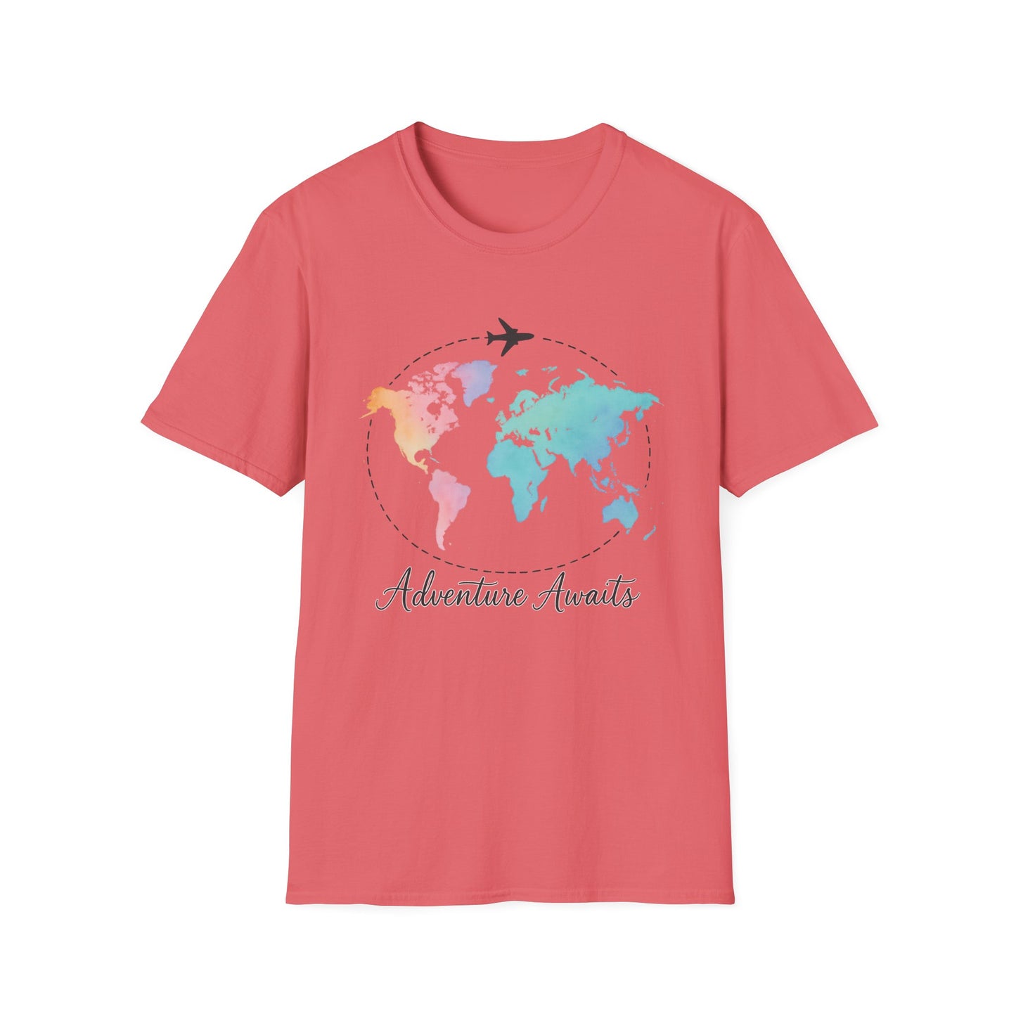 Adventure Awaits Travel Shirt | Watercolor World Map Tee for Women and Men | Wanderlust Gift for Travelers, Hikers, Campers, Beach Lovers