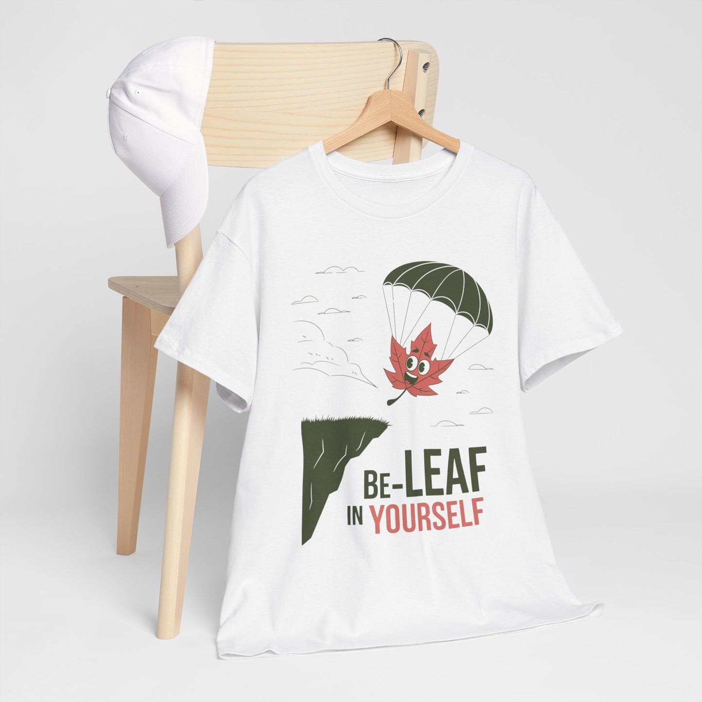 Be-Leaf In Yourself Maple Leaf Parachute T-Shirt | Funny Motivational Nature Graphic Tee | Self-Love Fall Autumn Shirt | Outdoorsy Gift