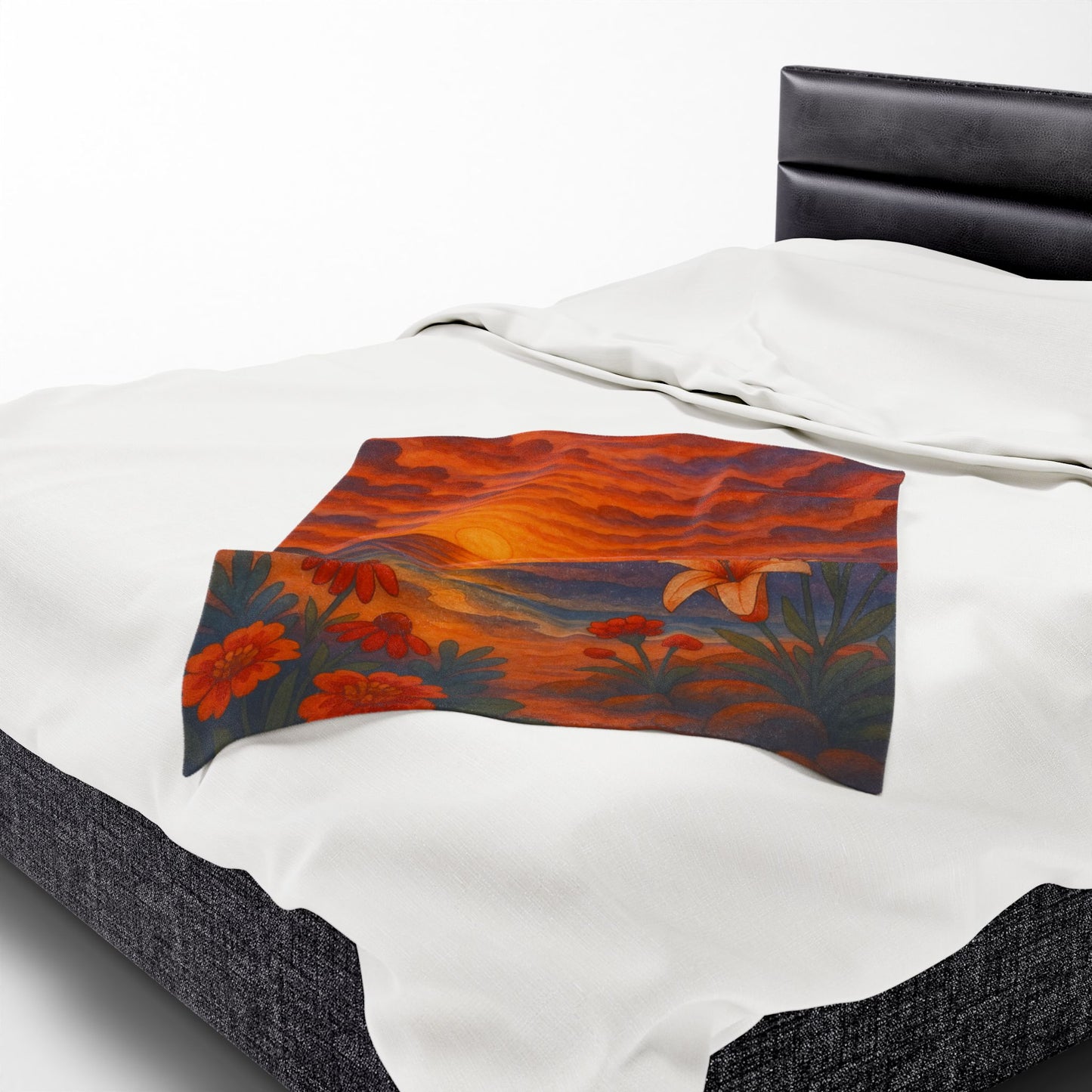 Sunset Floral Blanket – Cozy Beach Sunset Throw with Flowers | Colorful Velveteen Plush Blanket for Couch, Bed, or Gift