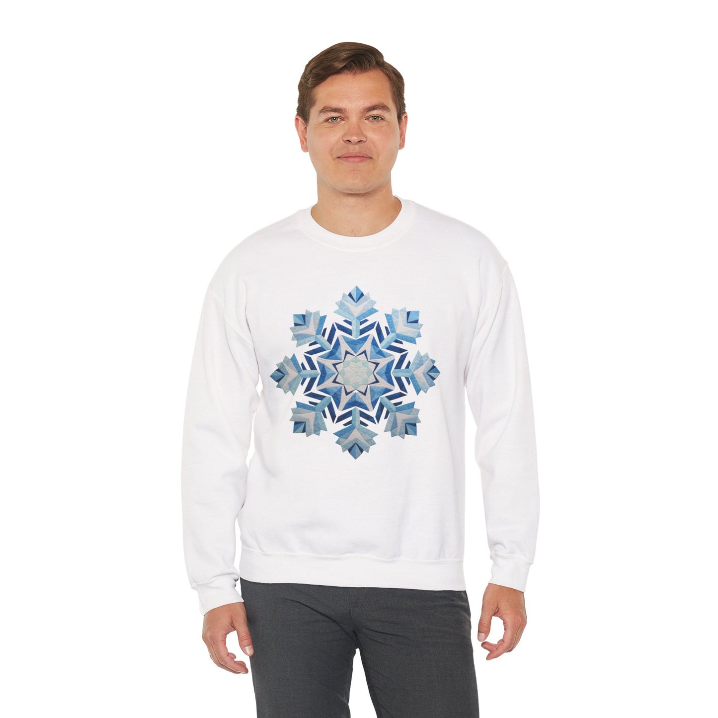 Faux Patchwork Snowflake Sweatshirt, Winter Snowflake Crewneck Unisex, Cozy Holiday Patchwork Sweatshirt, Nordic Snowflake Winter Pullover