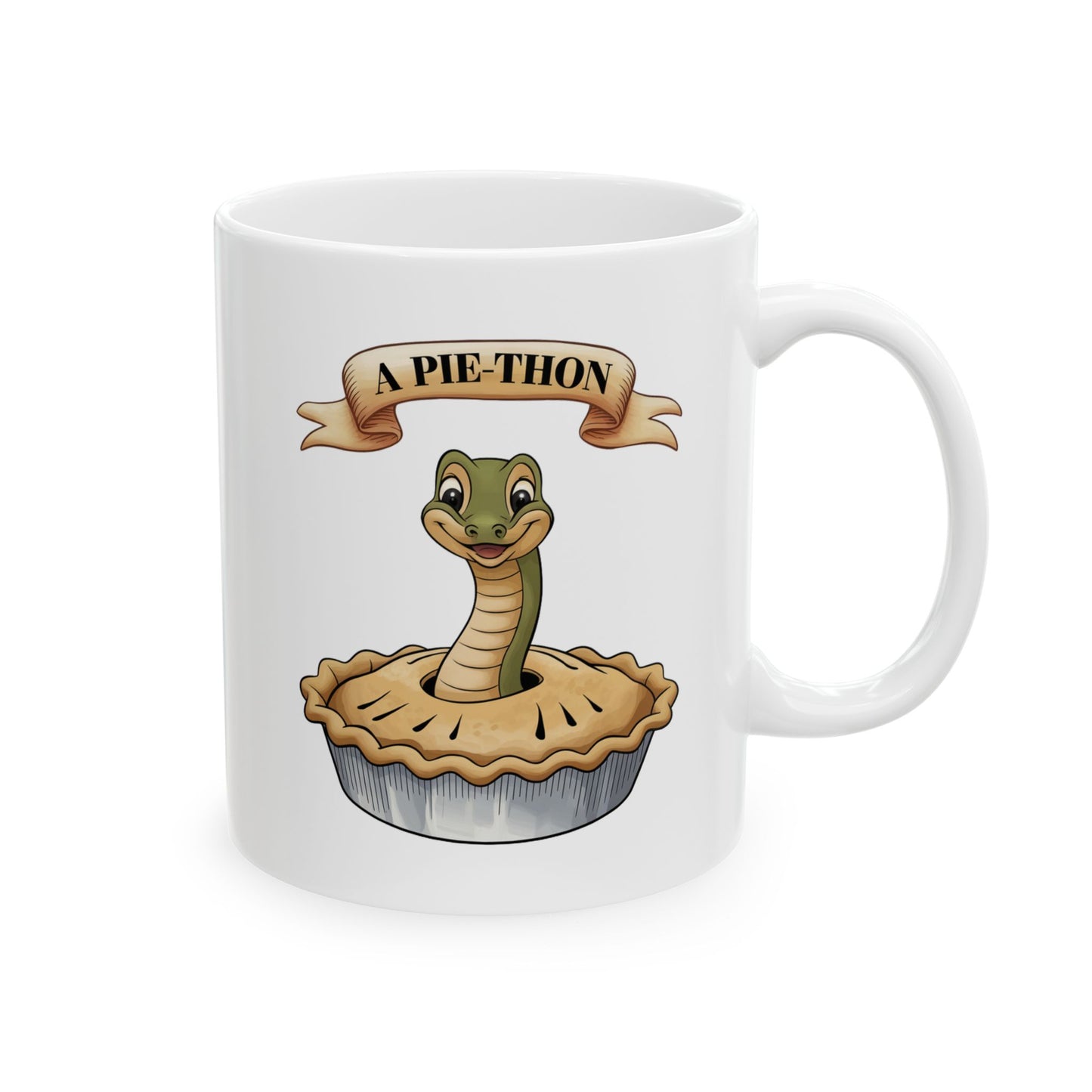 Pie-Thon Snake Mug - Funny Python Pie Pun Mug, Quirky Animal Cartoon Ceramic Coffee Cup, Novelty Gift for Snake Lovers & Bakery Fans