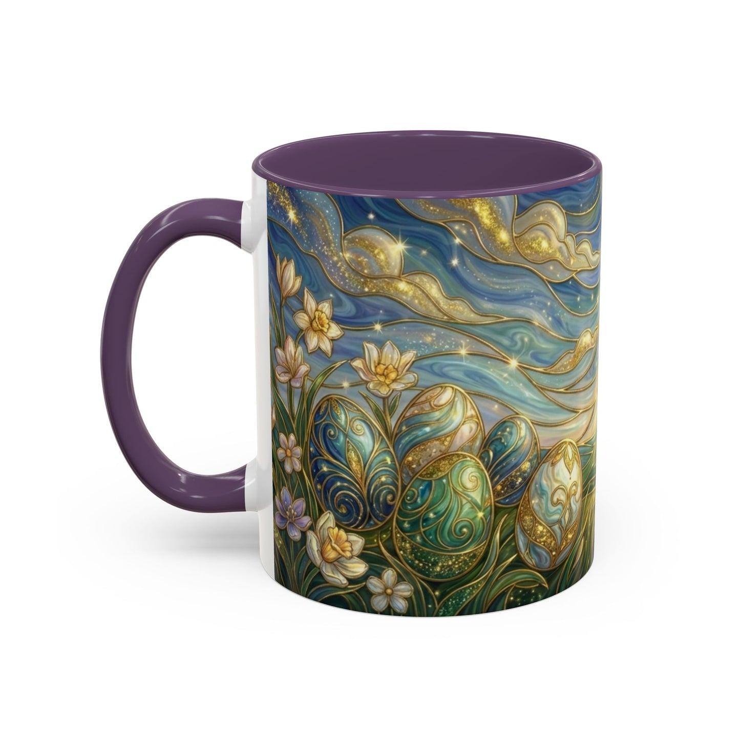 Stained Glass Easter Egg Mug, Magical Spring Floral Coffee Cup, Art Nouveau Fantasy Teacup, Elegant Celestial Starry Sky Mug Gift Idea
