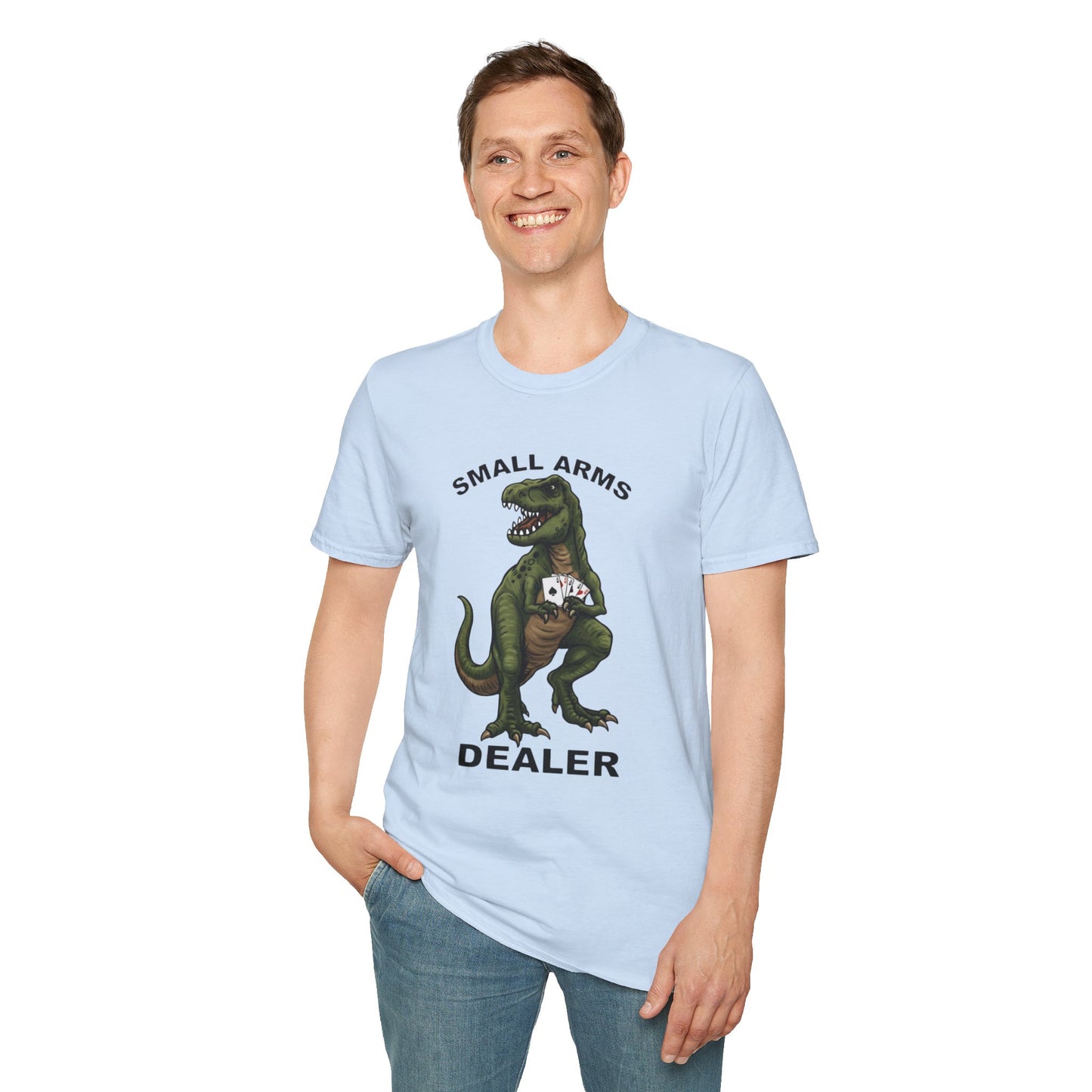 Funny Small Arms Dealer T-Rex Shirt, Dinosaur Pun Tee, Hilarious Graphic T-Shirt for Men & Women, Great Gift for Dad, Friend, or Coworker