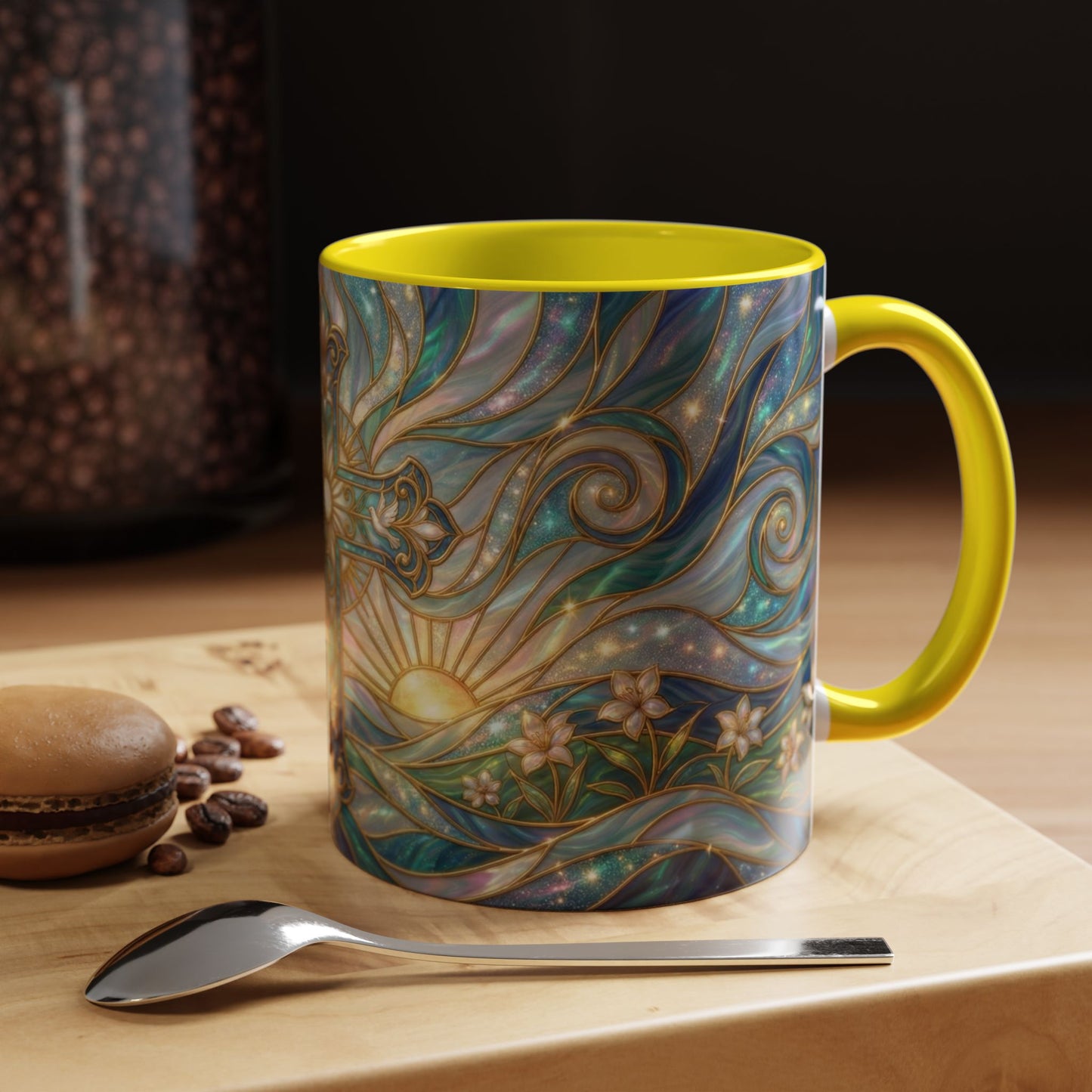 Stained Glass Cross Mug, Christian Coffee Cup, Religious Easter Gift, Celestial Faith Mug, Spiritual Sunrise Cup, Dove Lily Print Mug