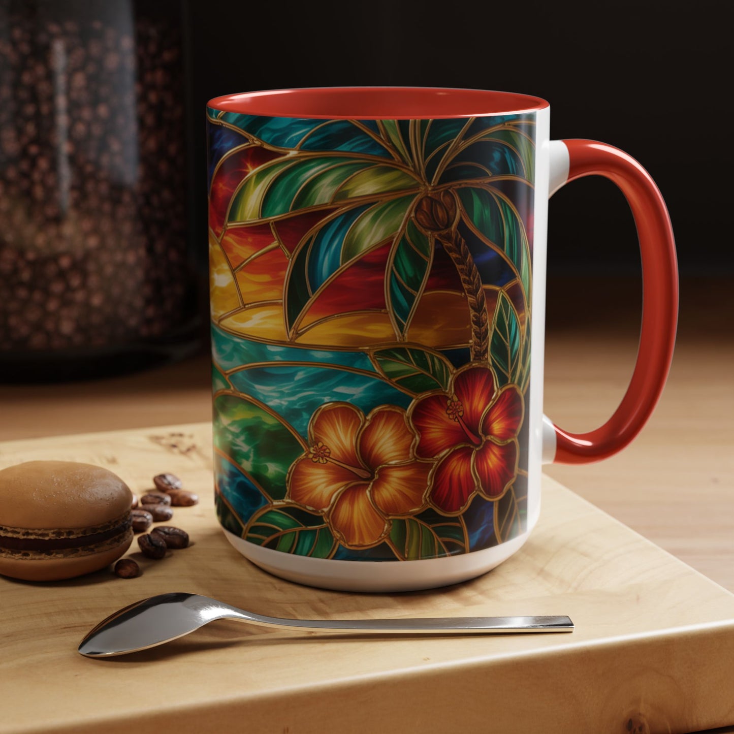 Stained Glass Tropical Sunset Mug, Hibiscus Flower Coffee Cup, Beach Lover Gift, Colorful Palm Tree Mug, Coastal Art Drinkware, Summer Cup