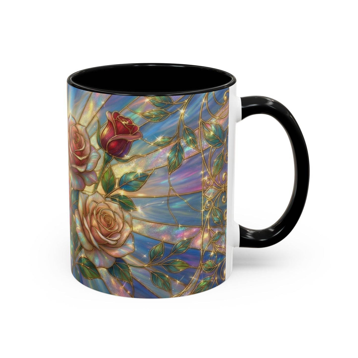 Stained Glass Rose Mug, Floral Art Coffee Cup, Elegant Rose Flower Mug, Blue Gold Glass Style Design, Romantic Gift For Her Decor