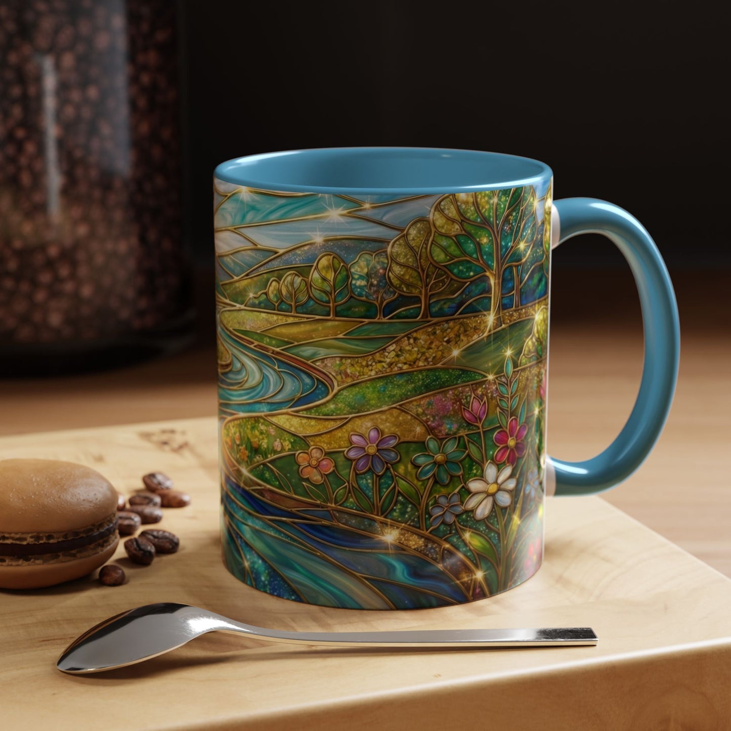 Stained Glass Mug, River Landscape Coffee Cup, Nature Lover Gift, Floral Tea Mug, Gardener Present, Art Teacher Gift, Colorful Scenery Cup