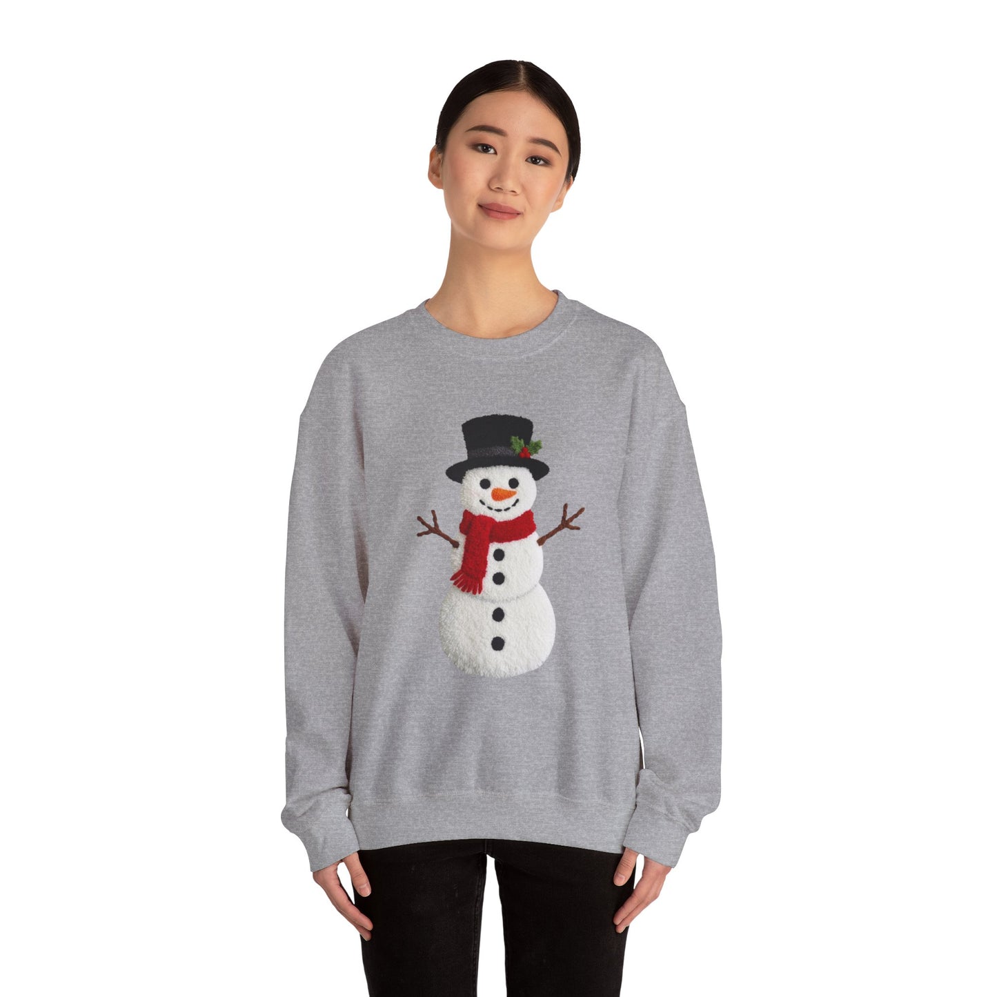 Faux Patchwork Crochet Snowman Sweatshirt, Winter Snowman Crewneck, Cozy Holiday Sweater, Christmas Sweatshirt, Festive Winter Shirt, unisex gift