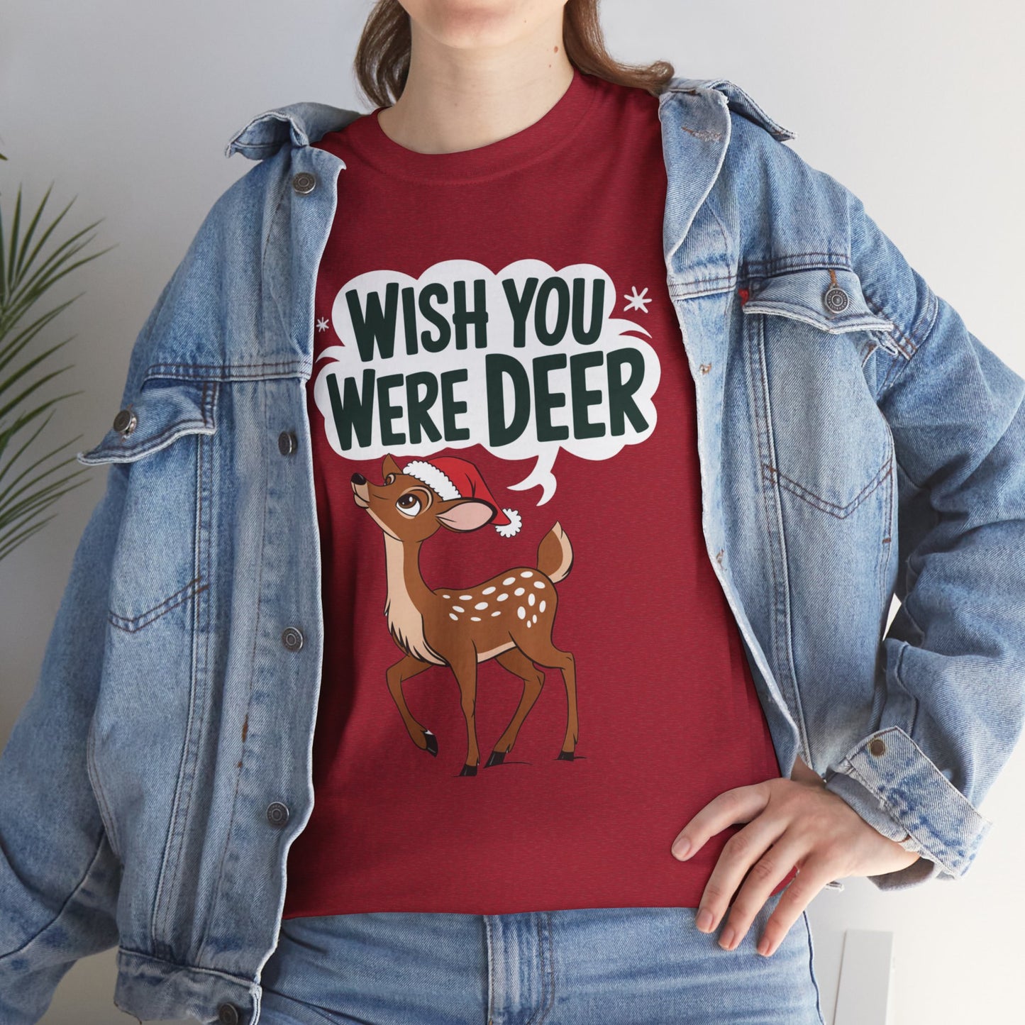Wish You Were Deer Funny Christmas T-Shirt, Cute Reindeer Holiday Tee, Pun Christmas Shirt, Festive Santa Hat Deer Graphic Tee Gift