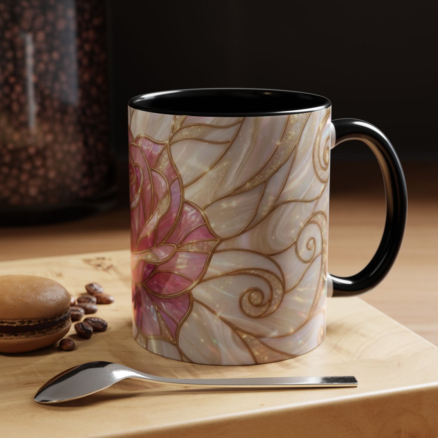 Pink Rose Stained Glass Mug, Gold Floral Coffee Cup, Romantic Flower Tea Cup, Gardener Gift For Mom, Botanical Art, Wife Birthday Gift