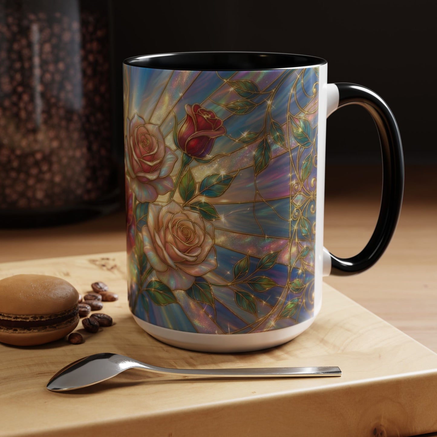 Stained Glass Rose Mug, Floral Art Coffee Cup, Elegant Rose Flower Mug, Blue Gold Glass Style Design, Romantic Gift For Her Decor