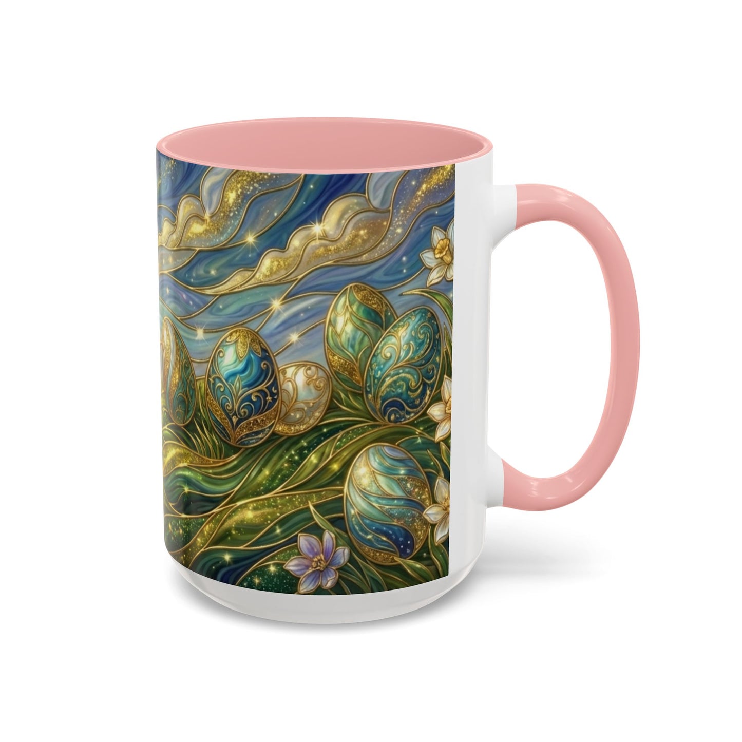 Stained Glass Easter Egg Mug, Magical Spring Floral Coffee Cup, Art Nouveau Fantasy Teacup, Elegant Celestial Starry Sky Mug Gift Idea