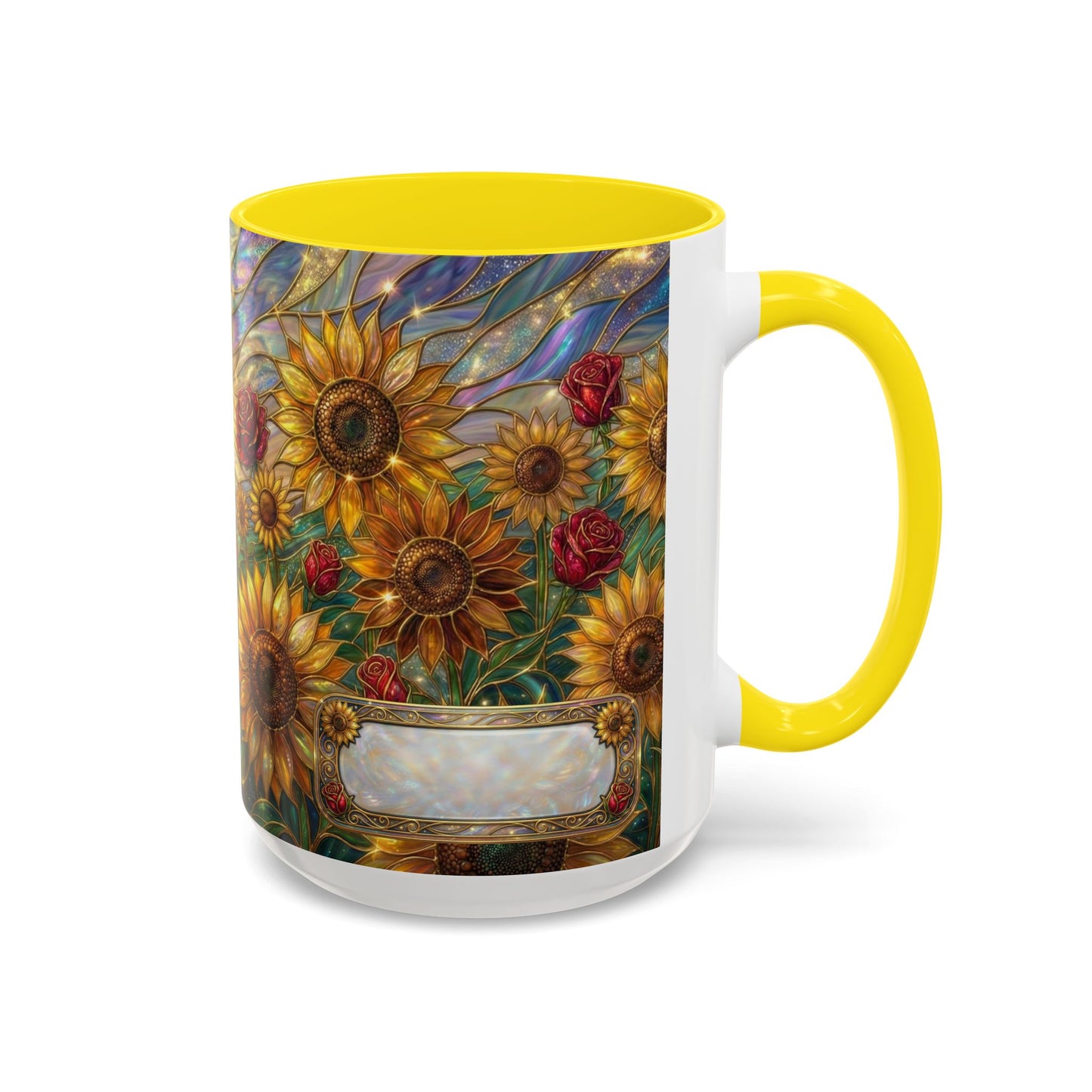 Personalized Stained Glass Sunflower Mug, Custom Red Rose Floral Coffee Cup, Celestial Night Sky Botanical Teacup, Gift For Flower Lover