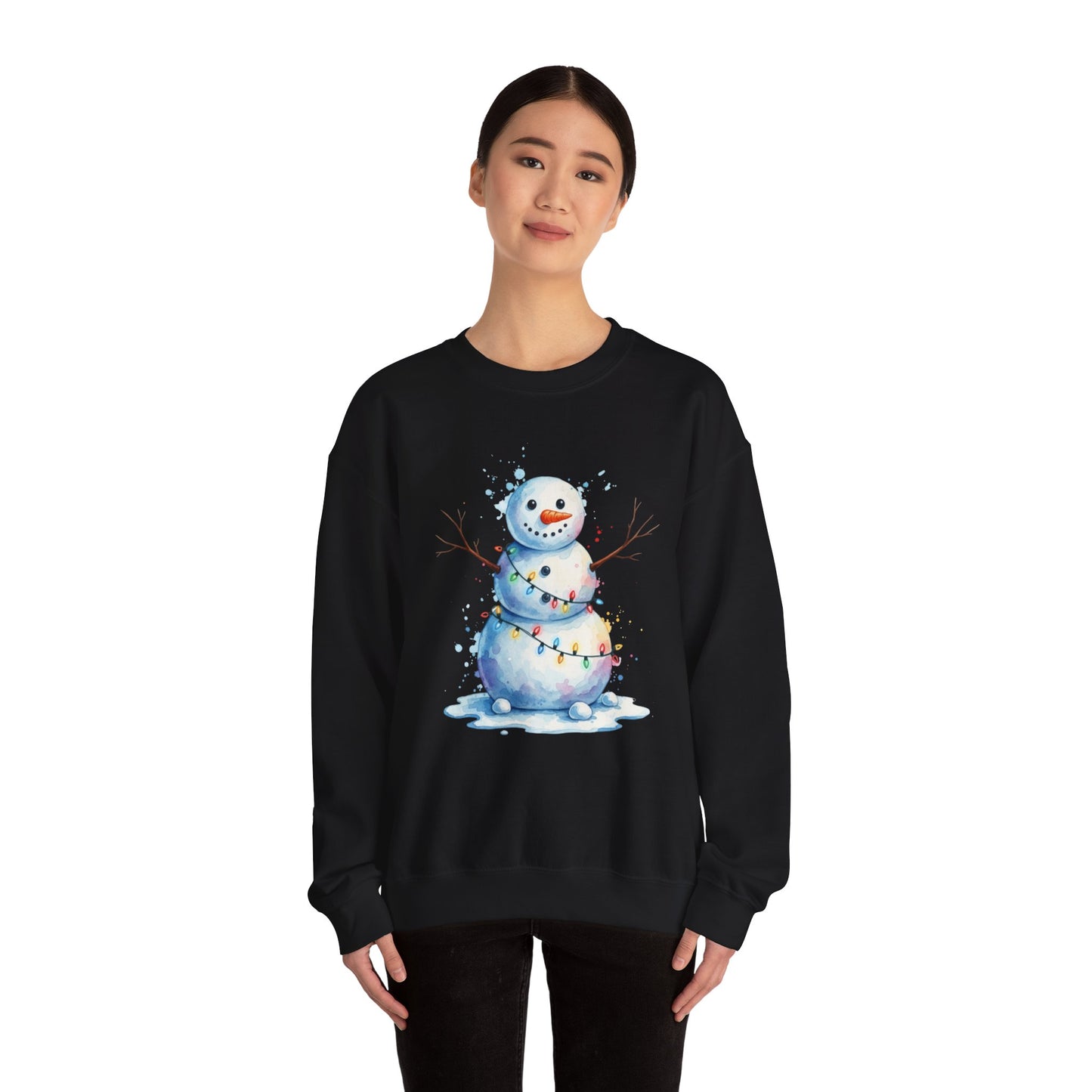 Watercolor Snowman Christmas Sweatshirt, Cute Snowman Crewneck for Winter, Holiday Lights Snowman Sweater, Cozy Unisex Christmas Gift