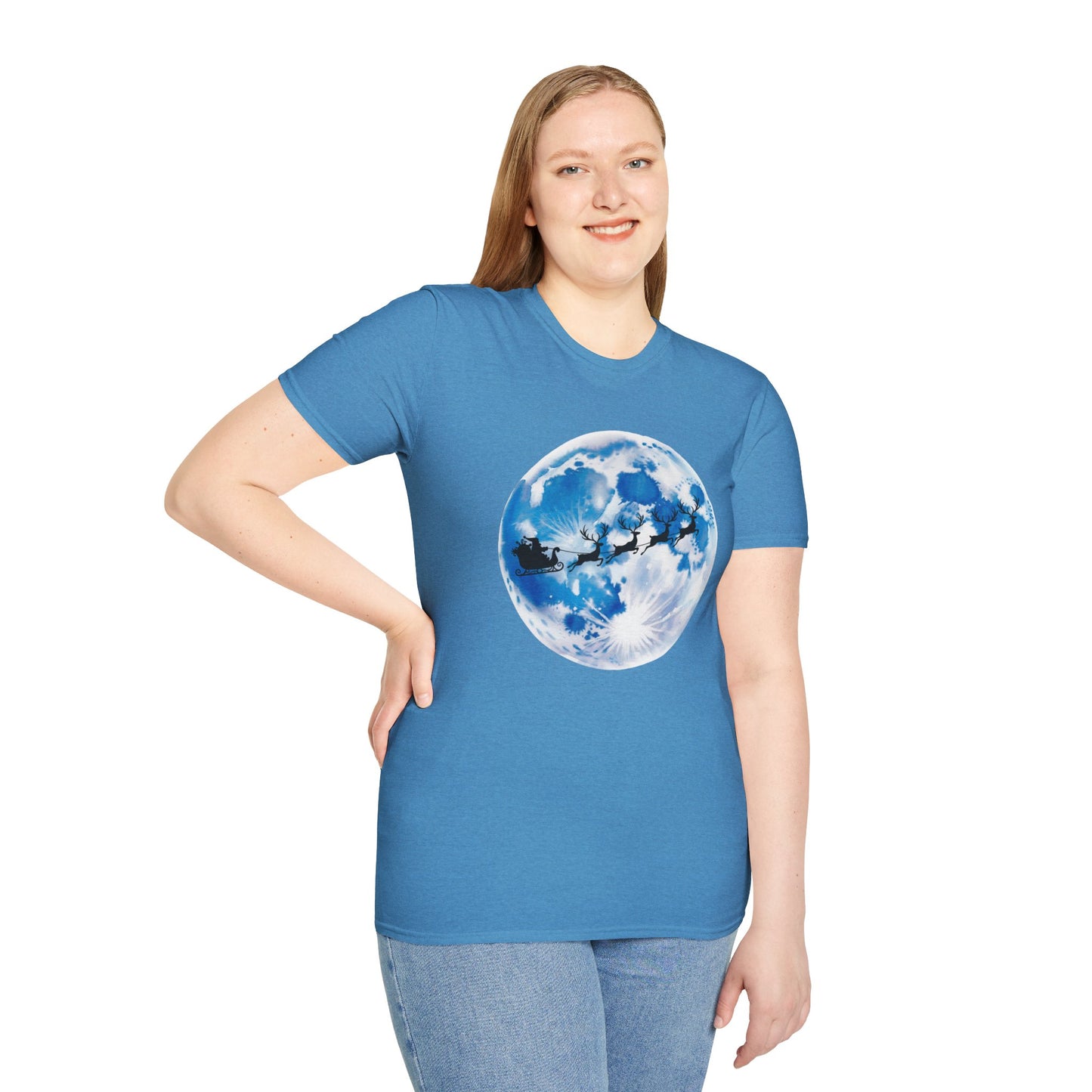 Santa Moon Christmas T-Shirt, Reindeer Sleigh Christmas Tee, Holiday Moonlight Xmas Shirt, Festive Christmas Graphic Tee, Winter Night Christmas Gift Tee