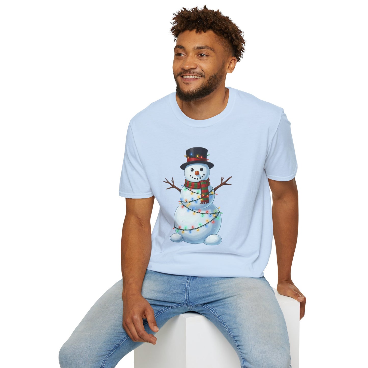 Cute Snowman Christmas Shirt, Snowman Wrapped in Christmas Lights Tee, Holiday Winter Snowman Top Hat Shirt, Funny Cozy Christmas T Shirt