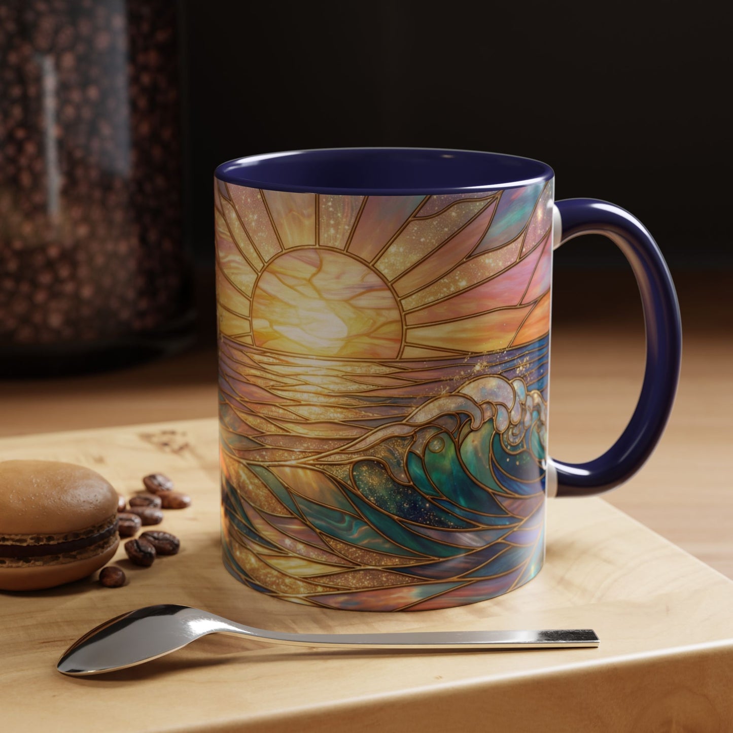Stained Glass Ocean Wave Mug, Sunrise Beach Coffee Cup, Japanese Art Gift, Coastal Decor Kitchen, Mosaic Sea Tea Cup, Blue Gold Nature Lover