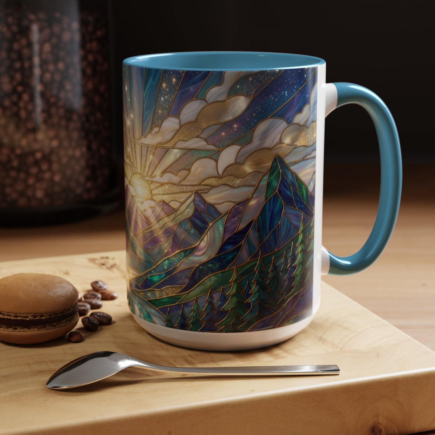Mountain Art Mug, Scenic Mountain Coffee Cup, Nature Lover Ceramic Mug, Stained Glass Style Landscape, 11oz 15oz Gift, Outdoor Hiking Mug, Unique Coffee Tea Cup