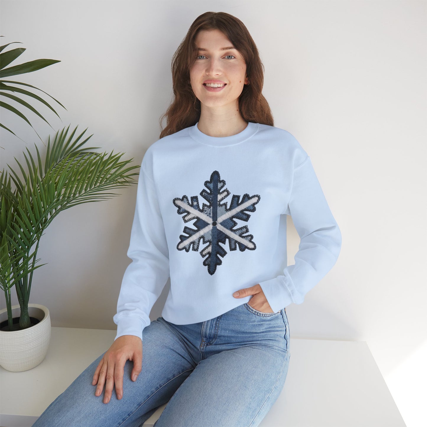 Faux Patchwork Snowflake Sweatshirt, Winter Snowflake Crewneck, Cozy Christmas Sweatshirt, Holiday Patchwork Sweater, Winter Gift