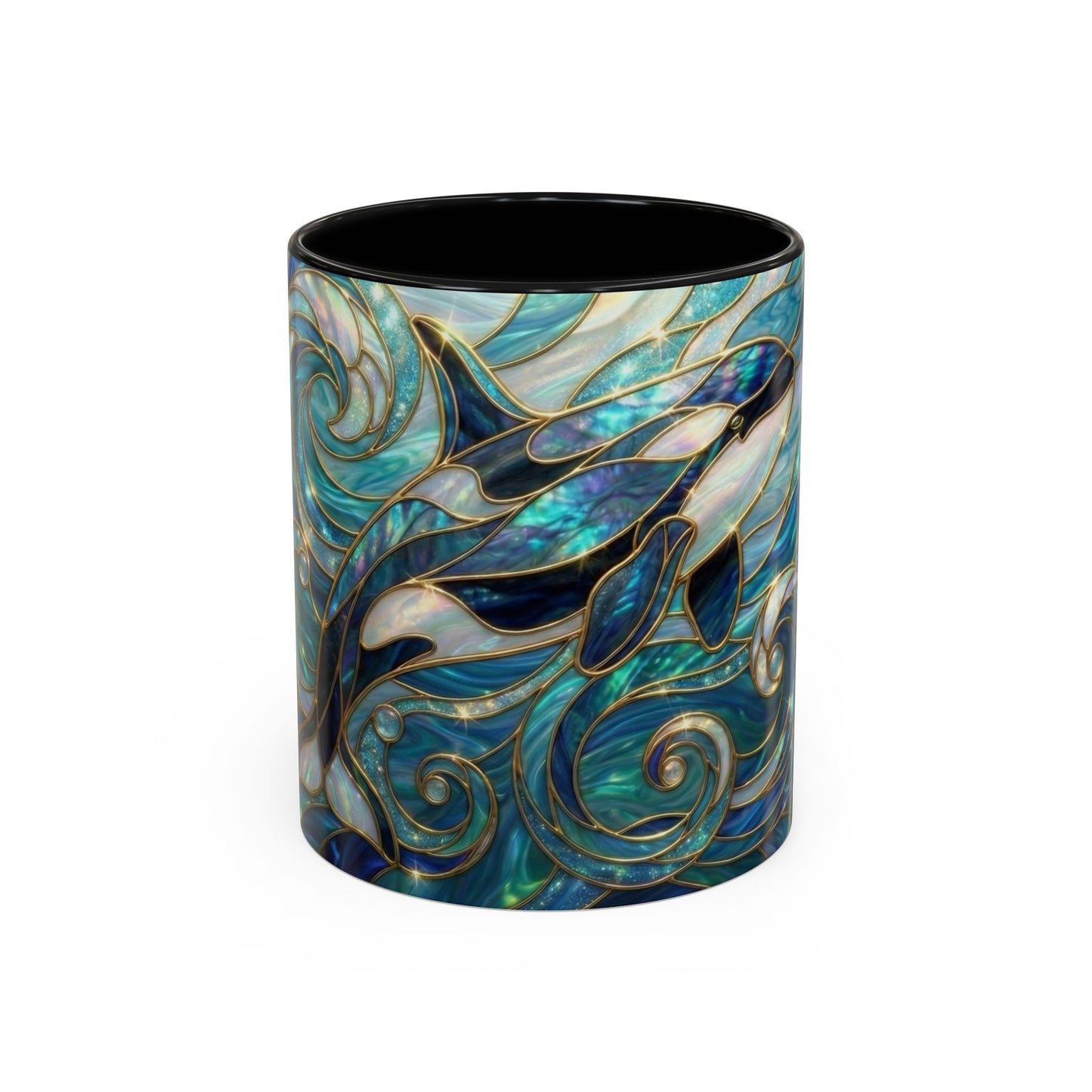 Orca Whale Coffee Mug, Ocean Art Mug, Stained Glass Whale Design, Marine Life Gift, Ceramic Coffee Cup, 11oz 15oz Waves Mug, Coastal Decor