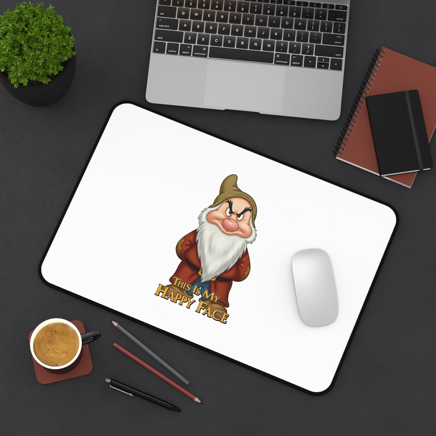 Funny Mouse Pad/Desk Mat - 'This Is My Happy Face' Grumpy Dwarf Design