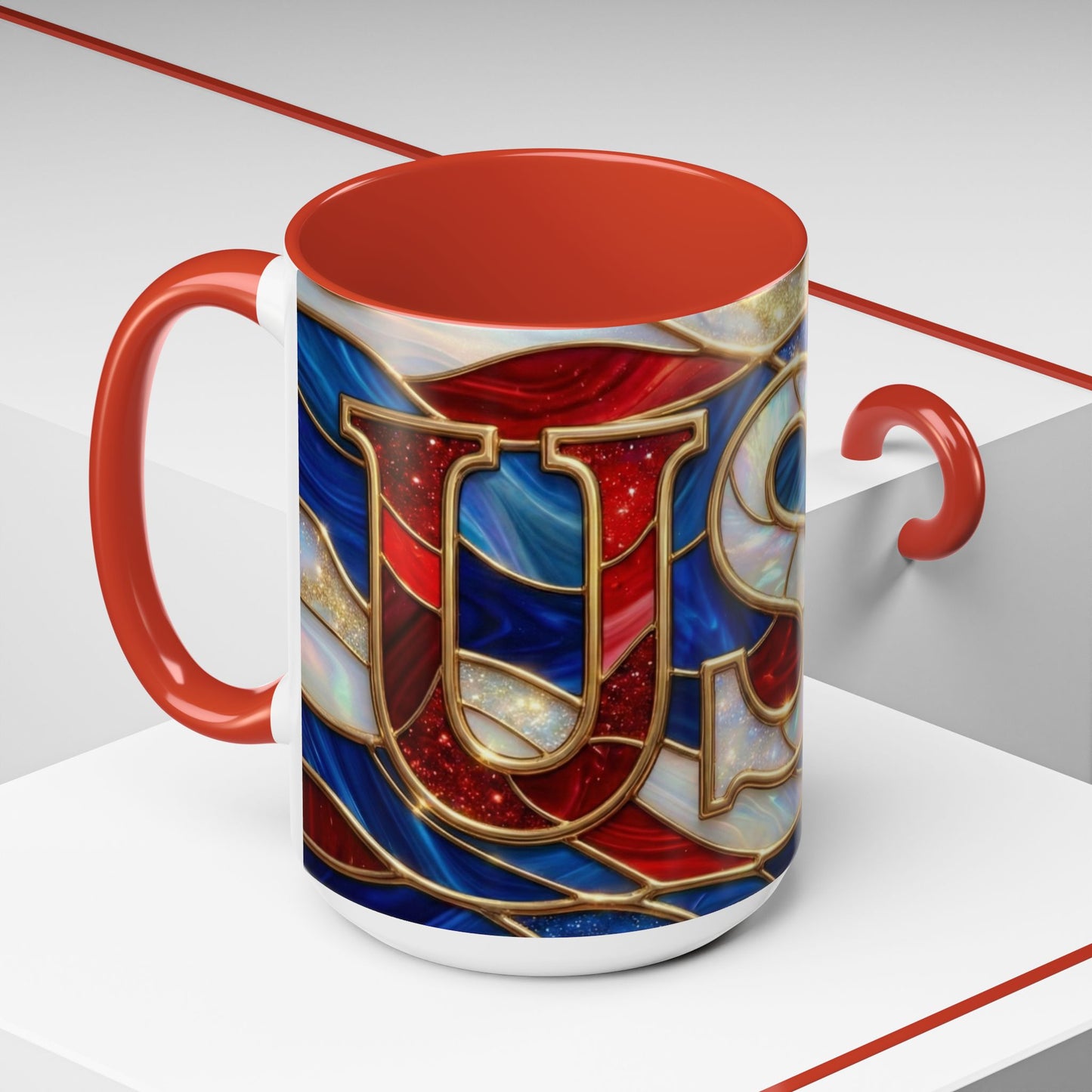USA Patriotic Coffee Mug, Stained Glass USA Mug, Red White Blue Ceramic Mug, American Flag Style Mug, 11oz 15oz Mug